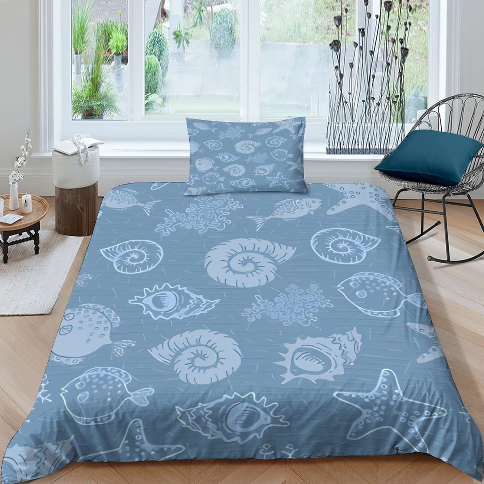 Parure de lit poisson-globe et corail en microfibre 135x200cm