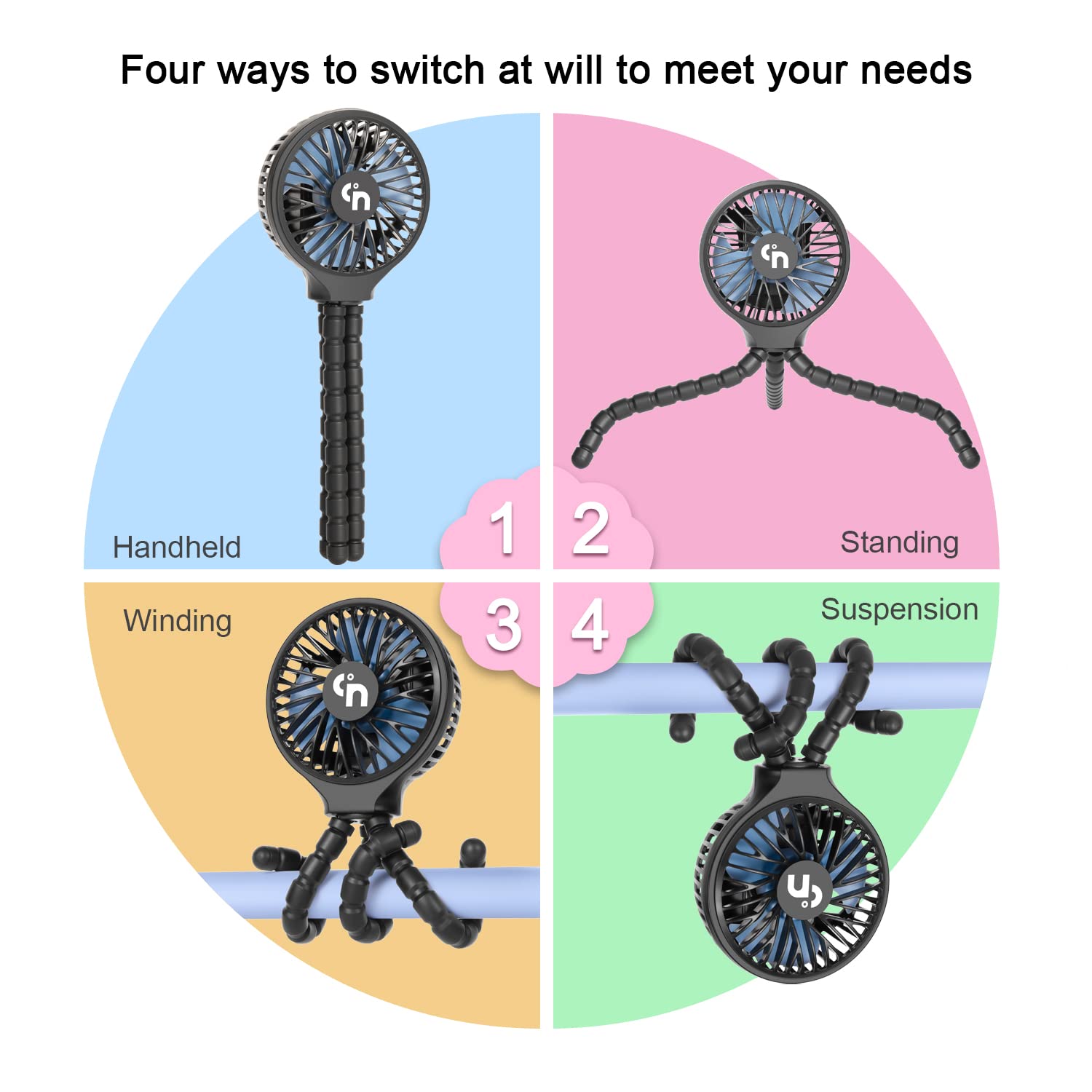 WiHoo Stroller Fan Battery Operated,Portable Fan Car Seat Baby Fan with Flexible Tripod,3 Speeds Rechargeable Clip on Fan,USB Mini Small Personal Fan for Crib Treadmill Camping and Travel (Black)