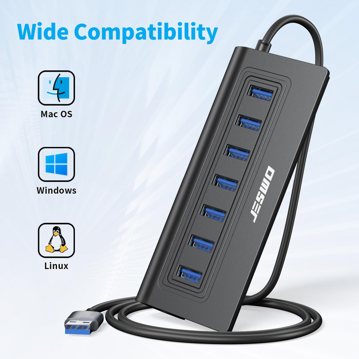 JESWO Hub USB attivo 3.0 con alimentatore di rete, hub USB 3.0 in alluminio, 7 porte, distributore USB, 5 Gbps, con alimentatore di rete 5 V/4 A e cavo da 100 cm, per PC, laptop, compatibile con