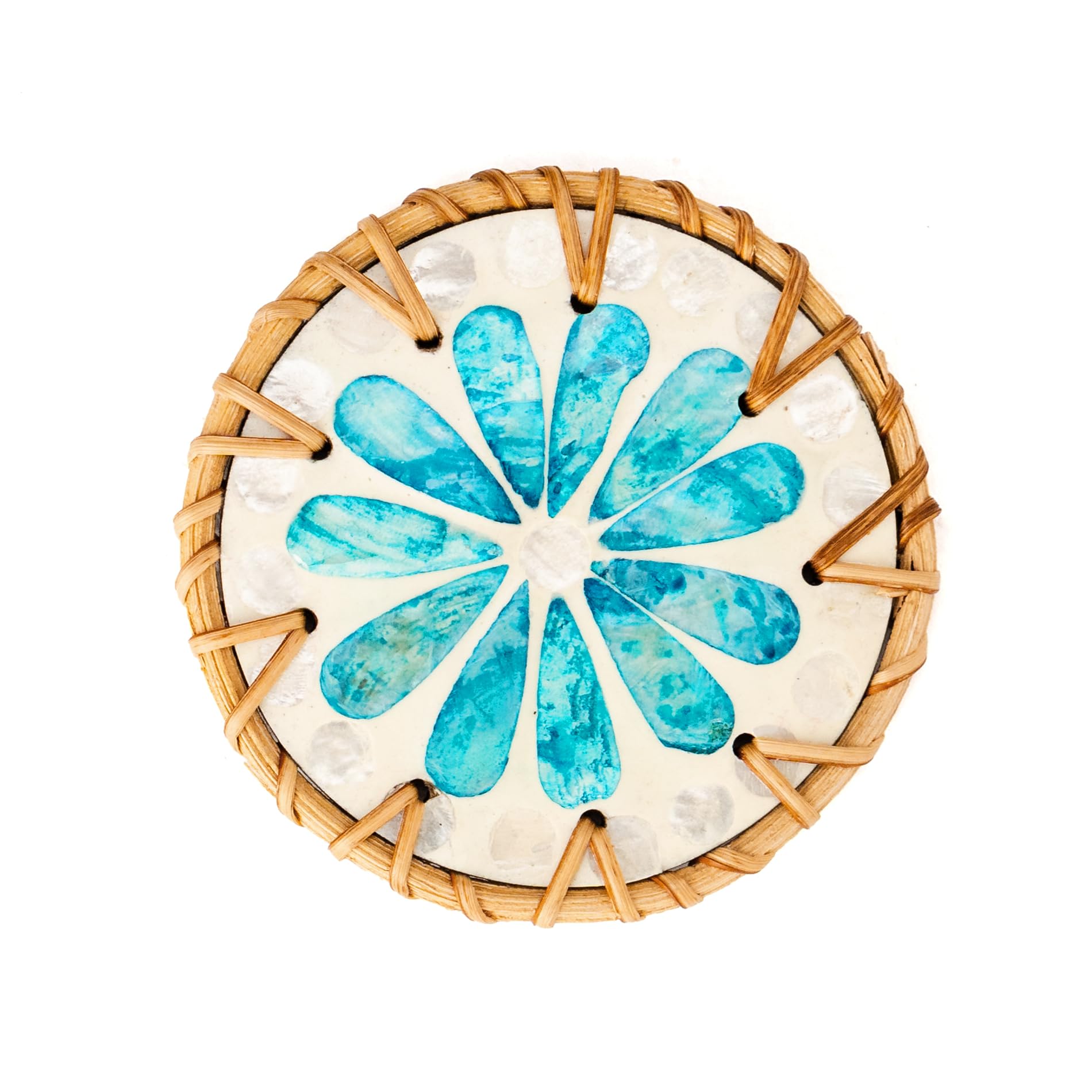 JUNGLE CULTURE Mother of Pearl Rattan Coasters for Drinks with Holder • Handmade Round Coaster Set of 6 • Sustainable Homeware • Coffee Table - Image 2