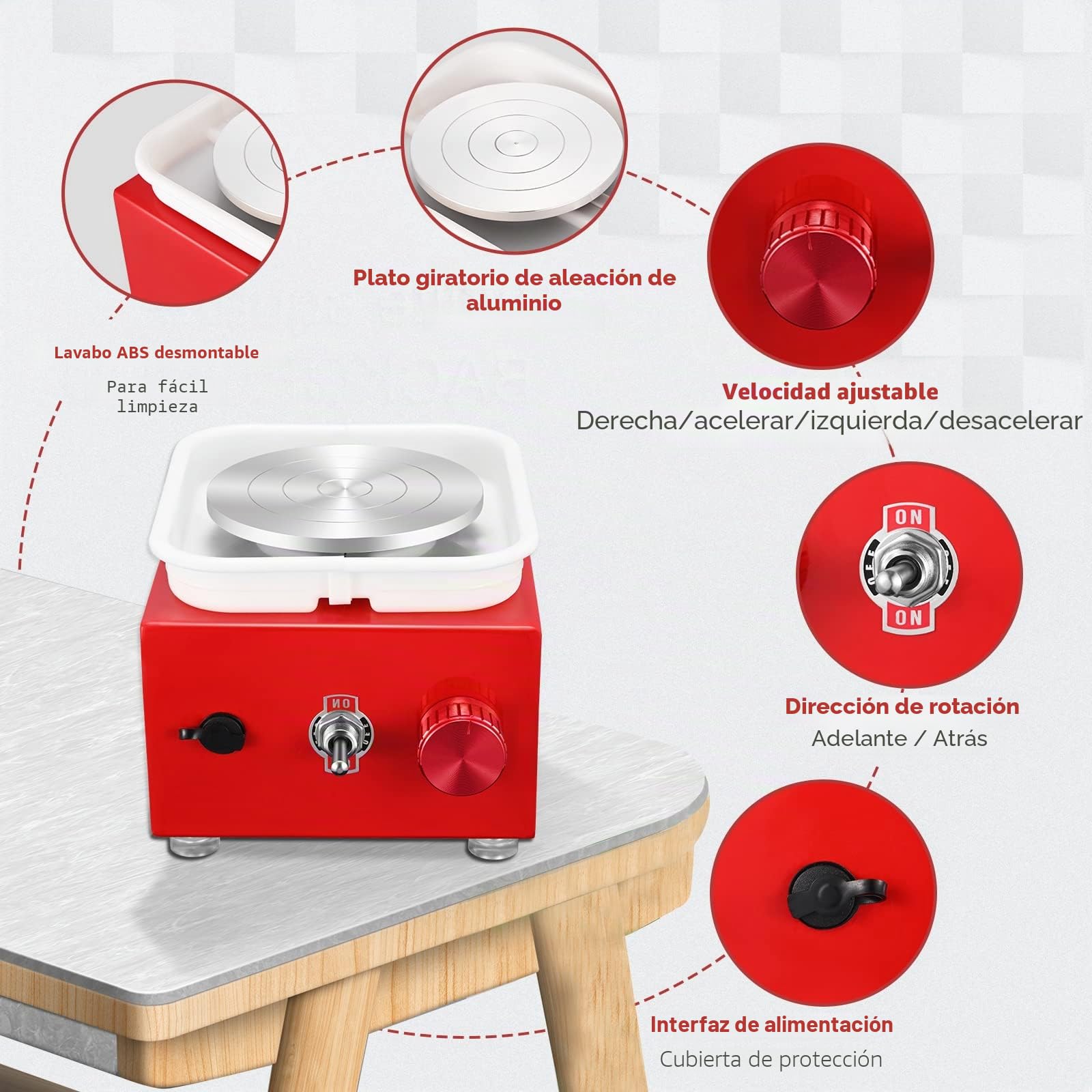 Torno Alfarero,Torno Ceramica 2000 RPM de Velocidad Ajustable,Torno de Alfarero con Placas de 10/6,5 cm,Kit Ceramica para Niños y Adultos（Rojo）