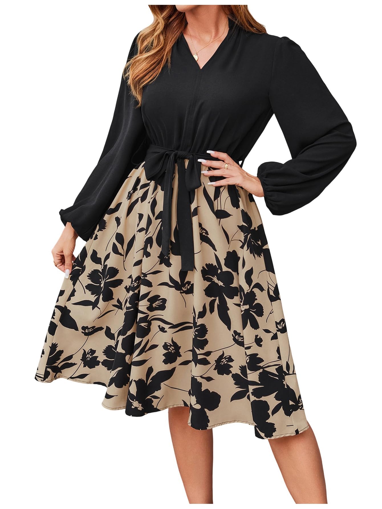 SweatyRocks Damen Blusenkleid Langarm Mit Gürtel Elegant A-Linien Midi Kleid Mit Blumen Herbst Khaki S