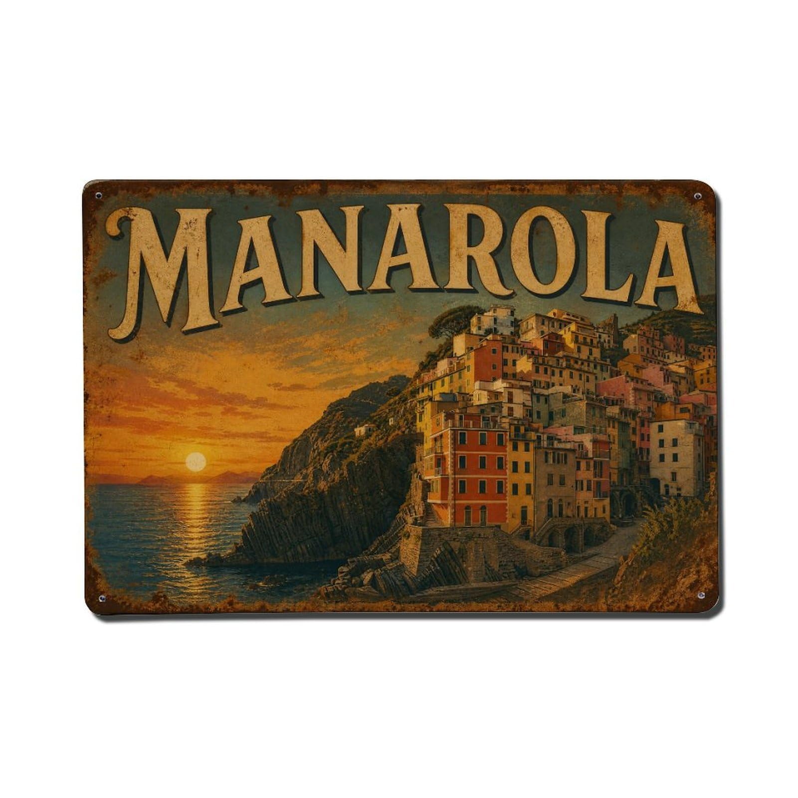 Vintage Travel Manarola Sunset Mediterranean Coast Italy Metal Tin Sign