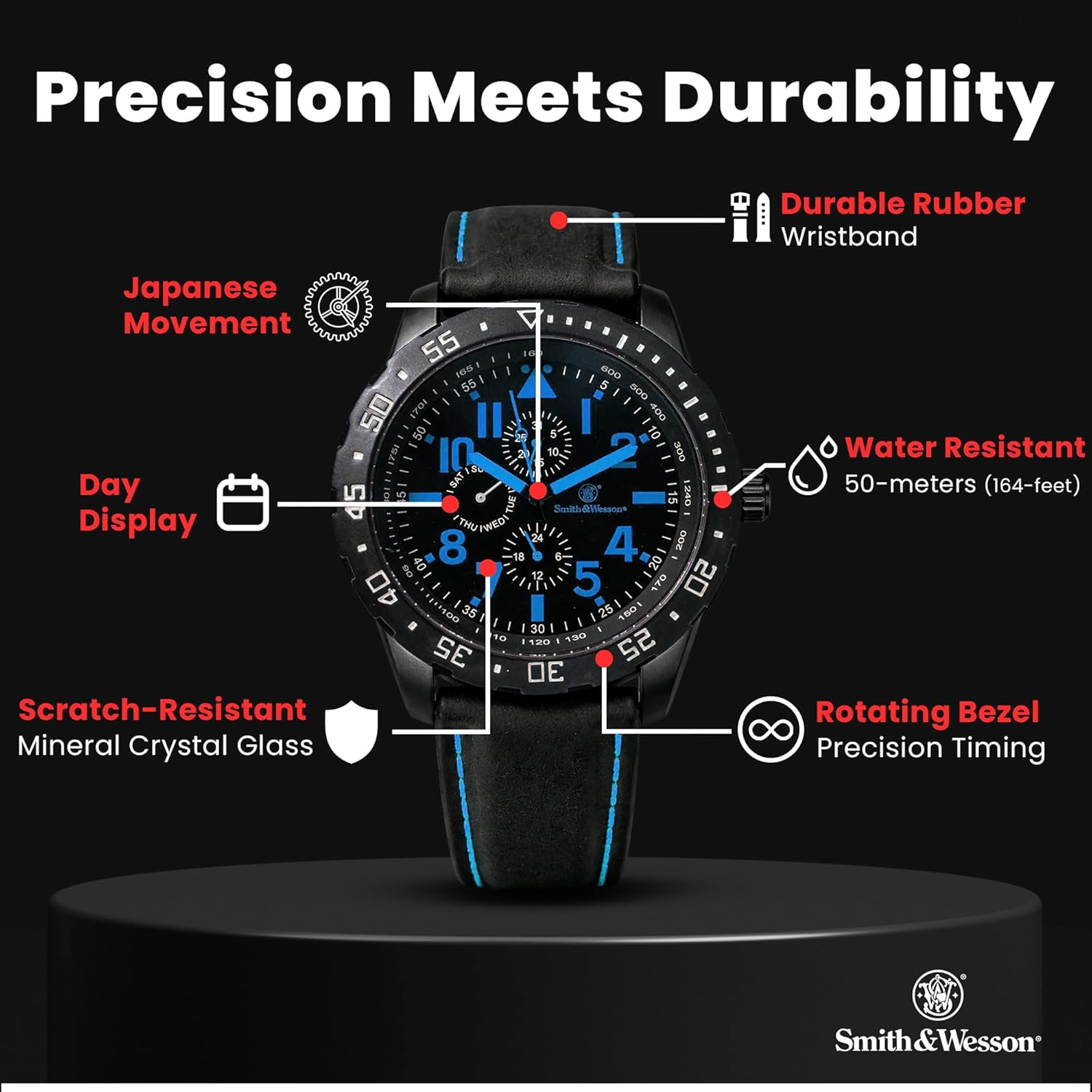 Smith & Wesson Men's Calibrator Watch, 5ATM, Stainless Steel Caseback, Precision Quartz, Black Rubber Strap, 51mm