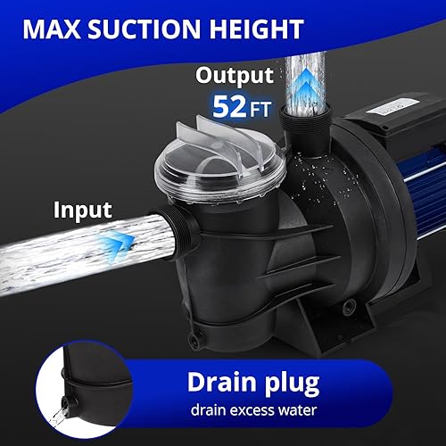 Miniatura 3 de Bomba de piscina de 1.6 HP para piscina, bomba de agua de una sola velocidad, 1200 W115 V, 6075 GPH y alto flujo, potentes bombas de piscina con