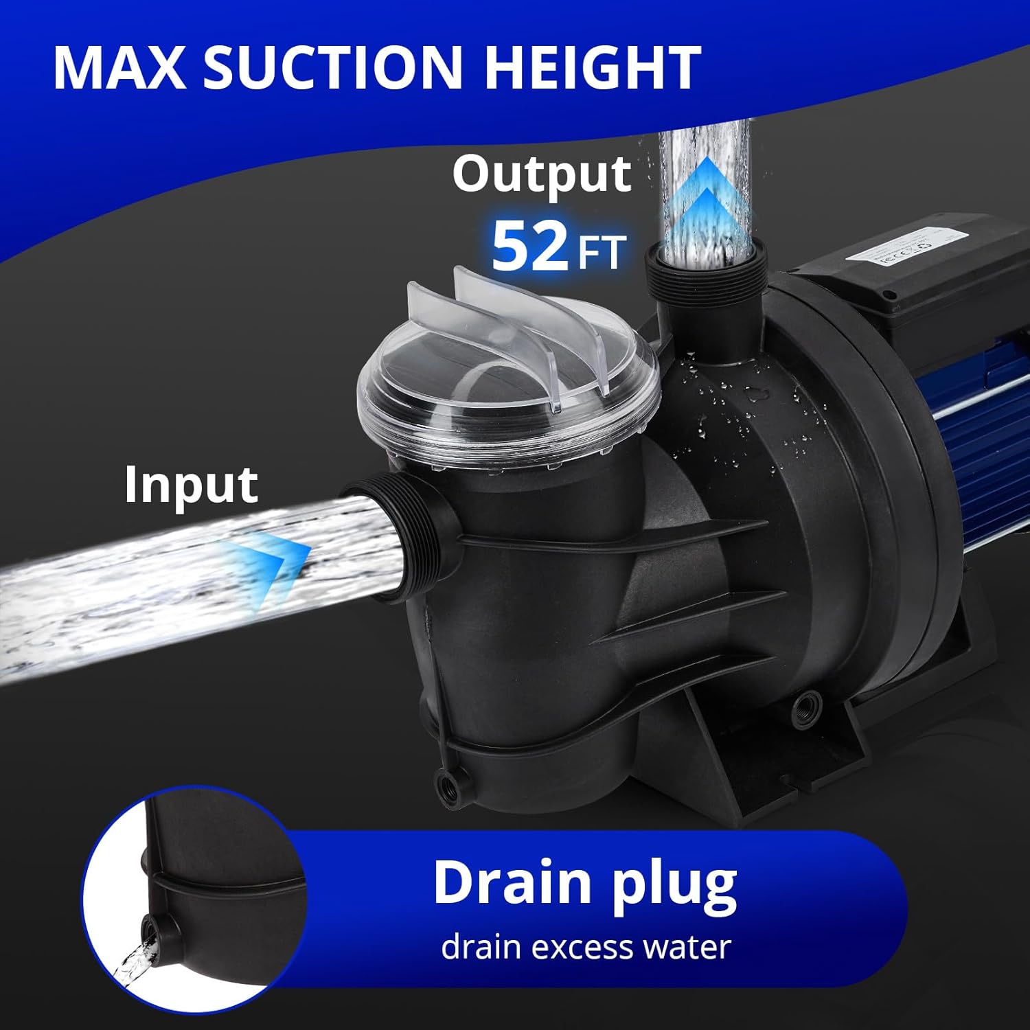 Garvee Pool Pump showing maximum suction height and drain plug