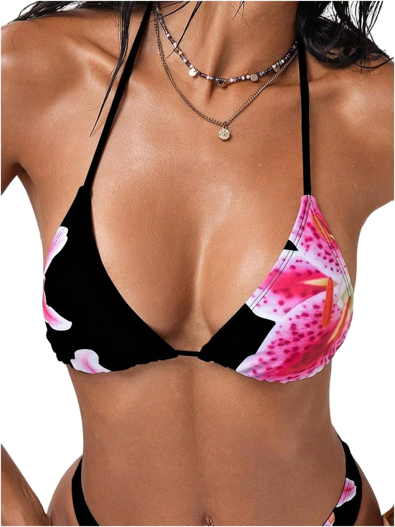 Women's Leopard Print Triangle Halter Bikini Tops Floral Tie Back Swimwear Top