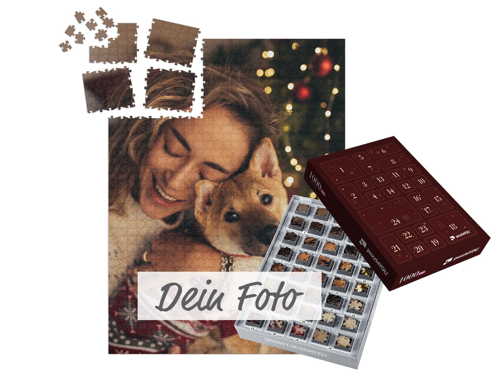 Persönlicher Puzzle Adventskalender - mit eigenem Bild als Fotopuzzle personalisierbar, 1000 Puzzleteile passend vorsortiert, jeden Tag ein passendes Puzzlesegment - Design "Festtagsfreude"