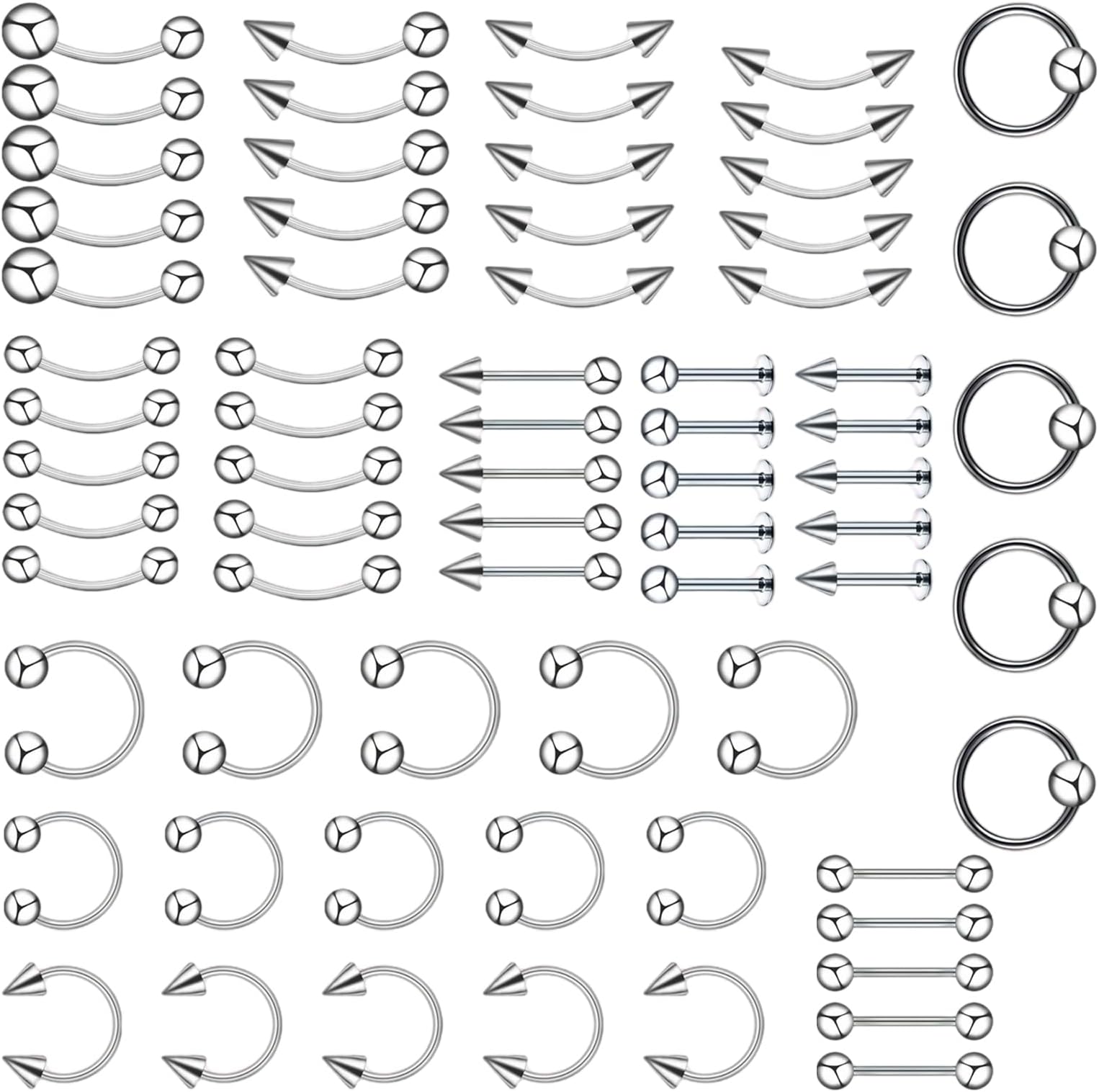 70Pcs Lip Piercing Jewellery Set, Vertical Labret Lip Bars Eyebrow Bar Tongue Bars Eyebrow Piercing Jewellery Curved Barbell Piercings Nose Ring Horseback Tongue Eyebrow Ear Barbells