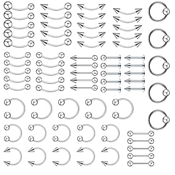 70Pcs Lip Piercing Jewellery Set, Vertical Labret Lip Bars Eyebrow Bar Tongue Bars Eyebrow Piercing Jewellery Curved Barbell Piercings Nose Ring Horseback Tongue Eyebrow Ear Barbells