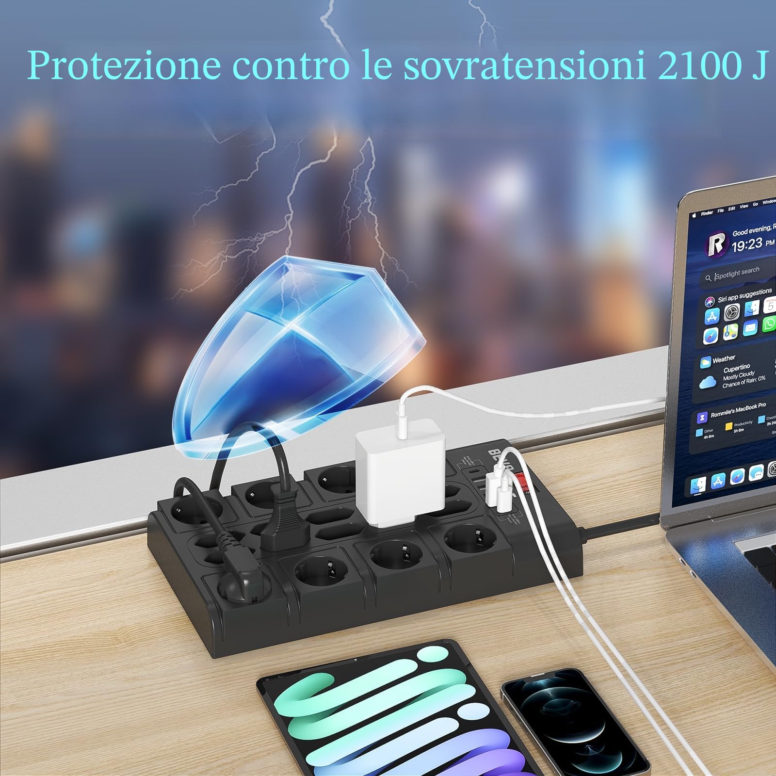 4M Ciabatta Multipresa 3680W/16A, BEVA Ciabatta Elettrica con 18 Prese CA, 4 Porte di Ricarica USB-A e 2 USB-C, Presa con Indicatore di Stato e Protezione Dalle Sovratensioni