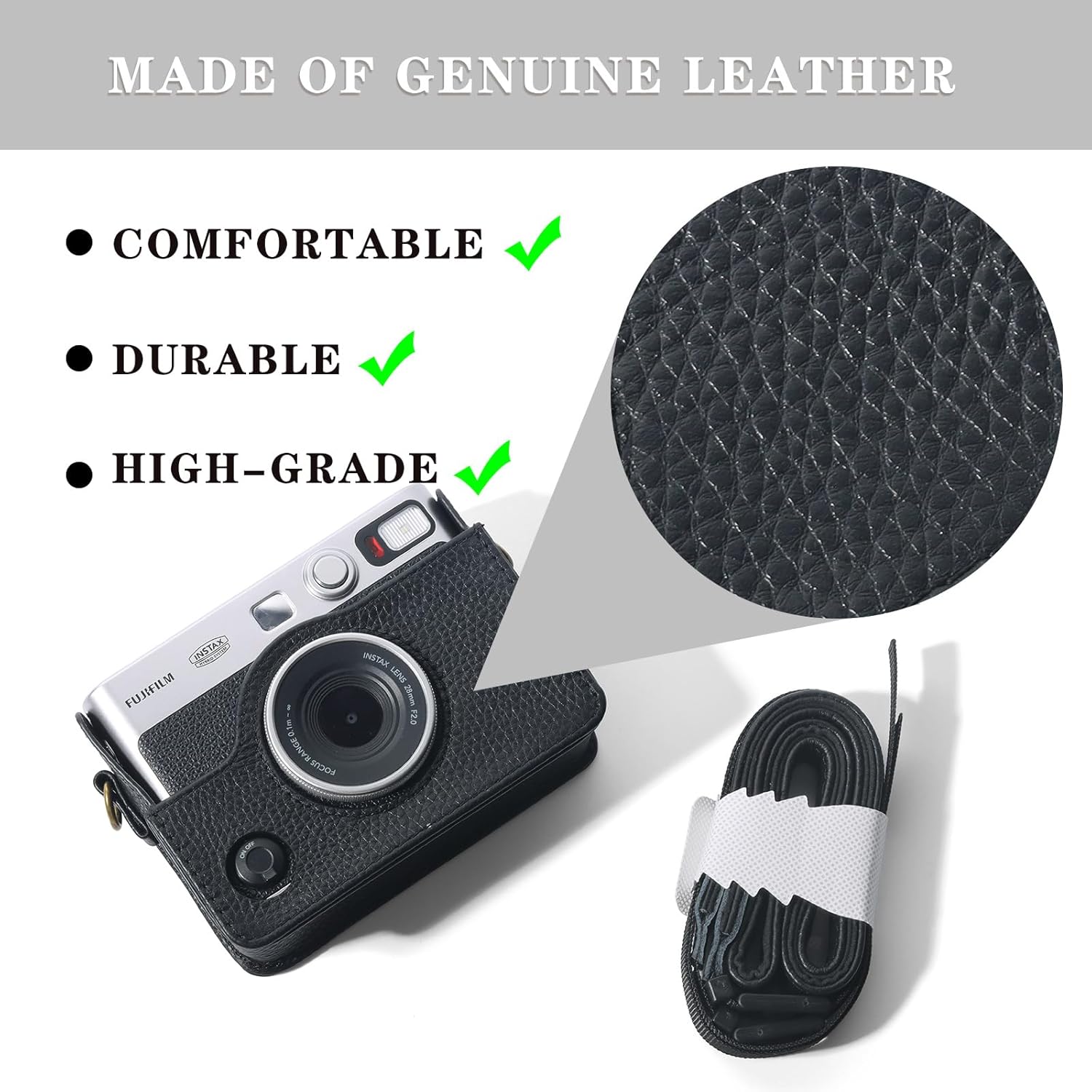 CAIYOULE EVO Camera Case for Fujifilm Instax Mini EVO,Genuine Leather Carrying Case，Includes Mini Camera Bag, Photo Album, Woven Hand Strap, Lens Cap, Screen Protector, Photo Frame - Black