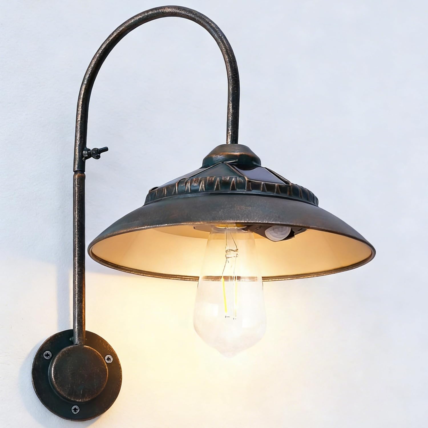 Goodeco Solar Barn Light with Motion Sensor - Metal Design Outdoor Lights - 4 High Efficiency Solar Panels with Clear Glass LED Edison Bulbs, Chicken Coop Light & More (Bronze)