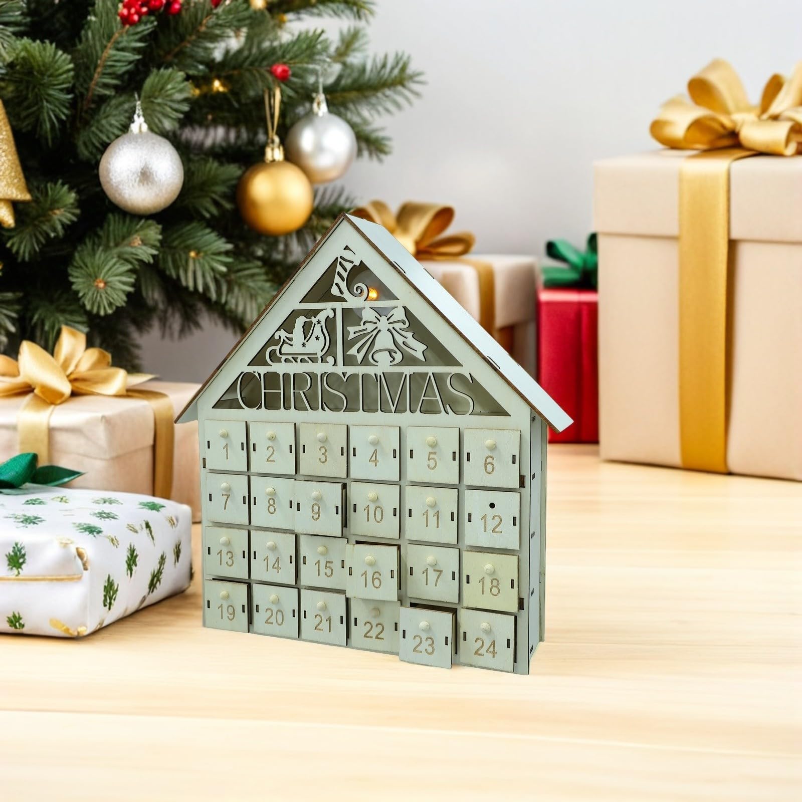 SHINEOFI Calendario de Adviento de Madera con 24 Cajones y Luces LED para Ambientación Navideña Rústica en Espacios y Celebraciones Familiares