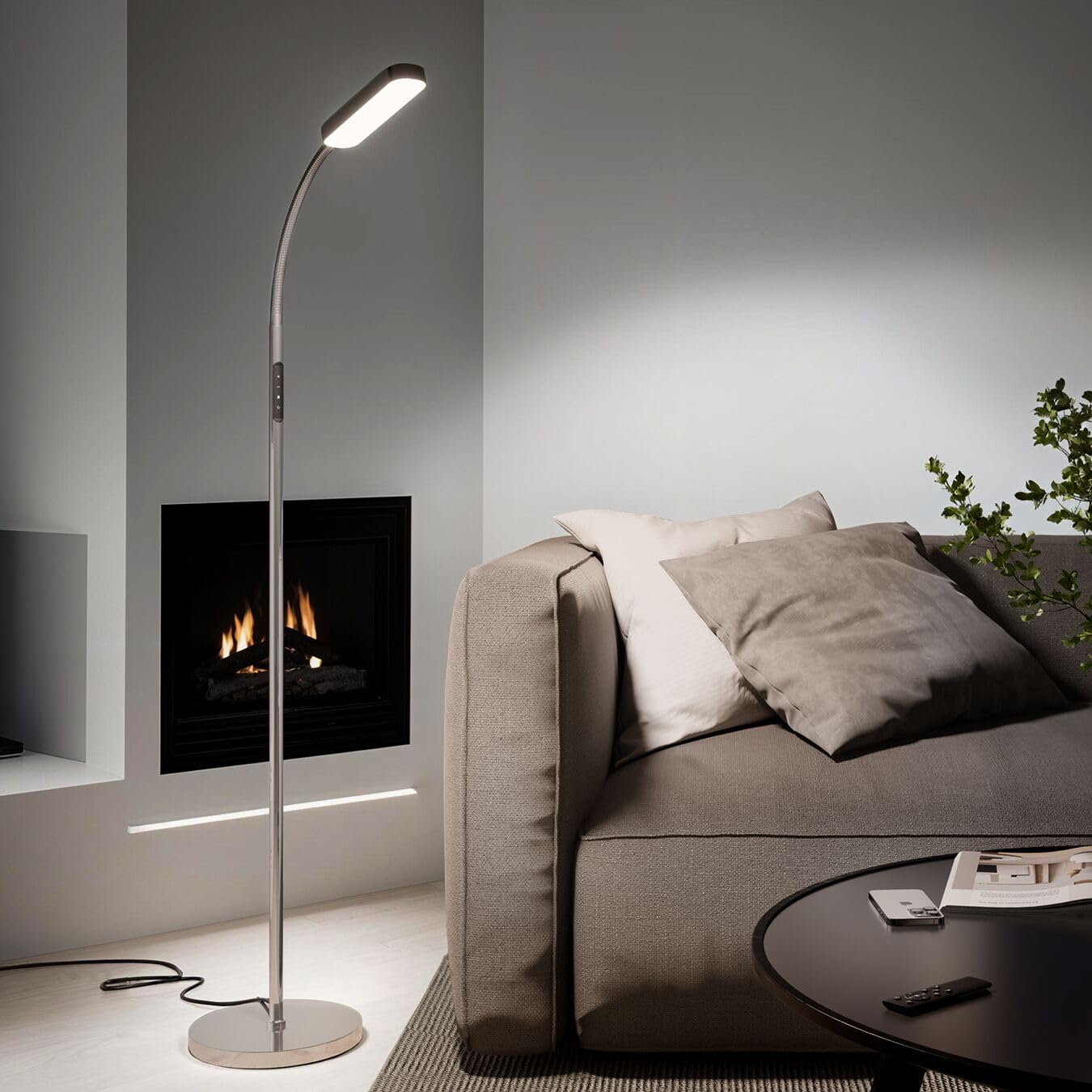 tectake® Lampada da Terra LED 12W, Piantana LED con Luce da Lettura Integrata, Arco Flessibile, Dimmerabile, Temperatura Colore Regolabile, Pannello Touch, Telecomando Magnetico - Argento