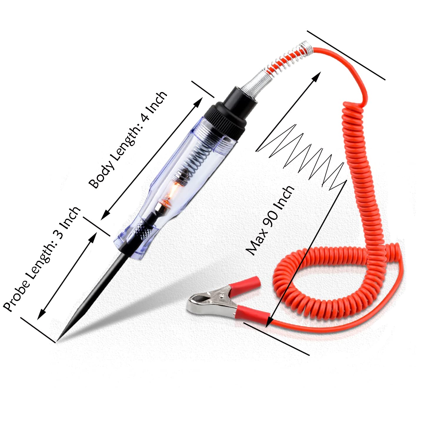 Luz de prueba, probador de circuito, 12 V, 24 V, cable de prolongación de 140 pulgadas, material de mango ABS, revestimiento de sonda de acero largo de poliuretano y clip de cocodrilo, para voltaje