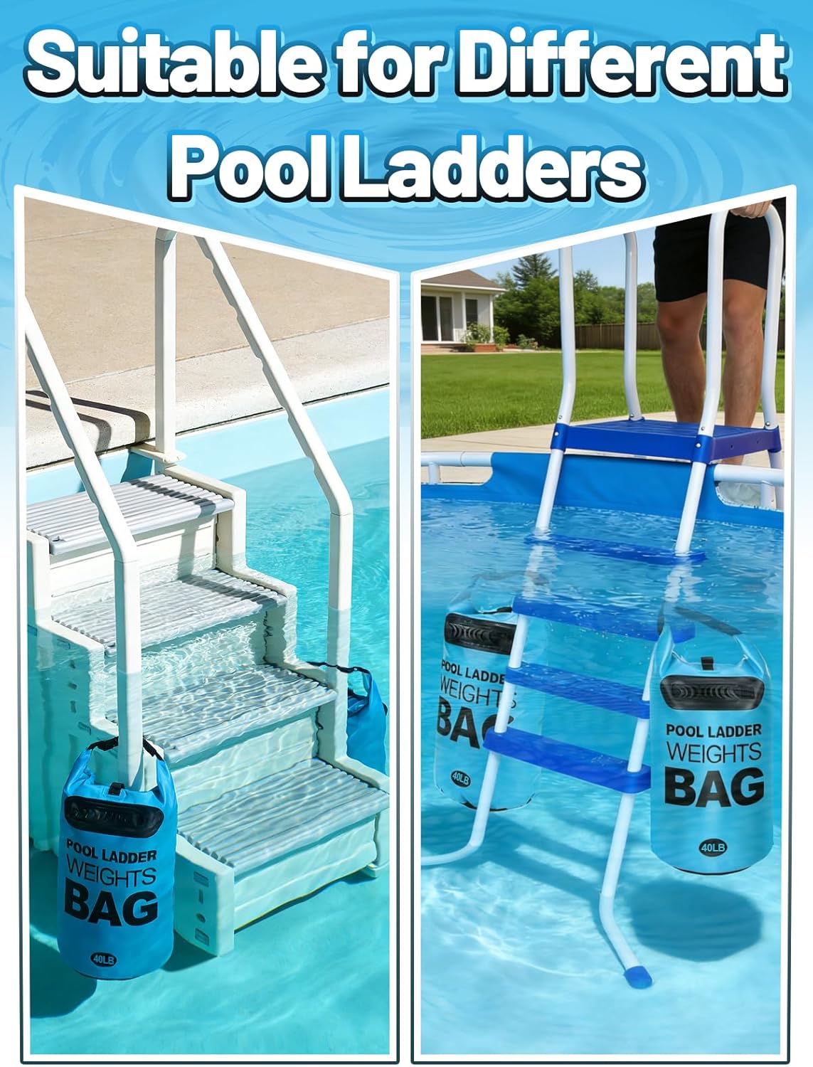 Heavy Duty Pool Ladder Weights - 40lbs Fillable Universal Sand Bags Step Anchors, 500D PVC Waterproof Tear-Resistance Foldable Sandbags for Above Ground Swimming Pools Stair Entry Systems, 2 Pack