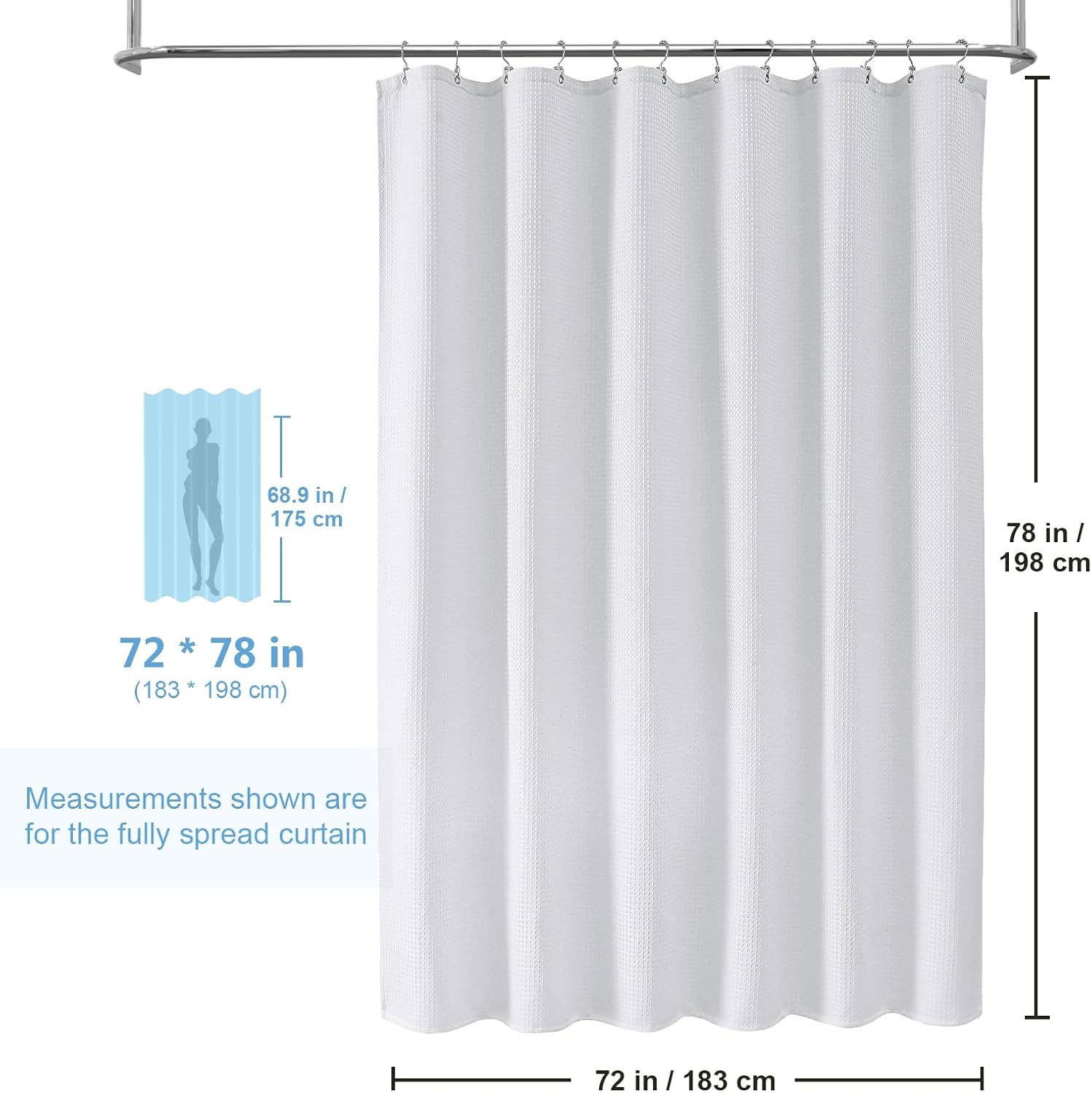 FY&XZH Waffle Shower Curtain Set with Waterproof Fabric Liner and 12 Stainless Steel Hooks Double Sided for Bathroom, 3 in 1 Heavy Duty Polyester Shower Curtain, Machine Washable, 72"x 78"(White)