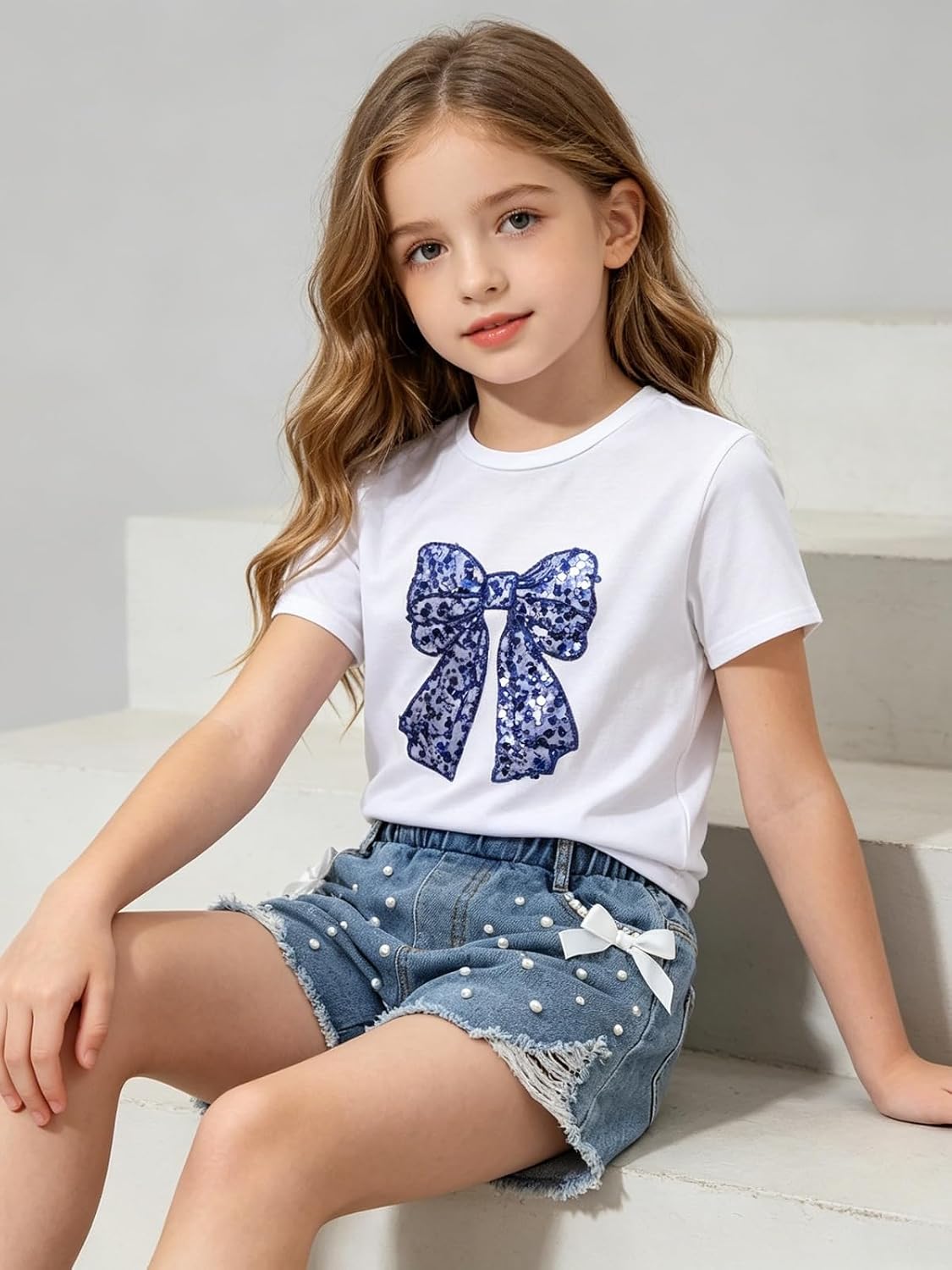 Girls Clothes Butterfly Print Short Sleeve T-Shirt Denim Skirt Shorts Set Teen Tween Girls 2PCS Summer Outfits Set