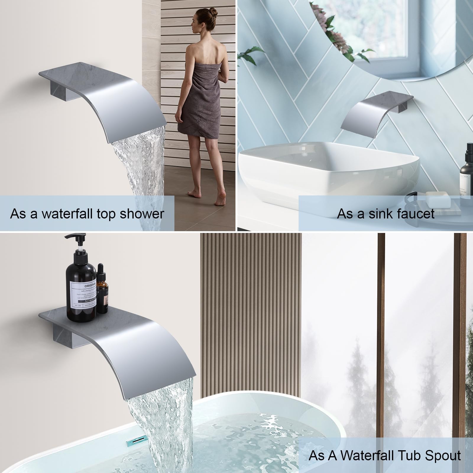 Bec de robinet de baignoire, pulvérisateur de robinet cascade à haut débit, robinet d'évier de navire, bec cascade de salle de bain, bec de douche de rechange attachmen, chrome
