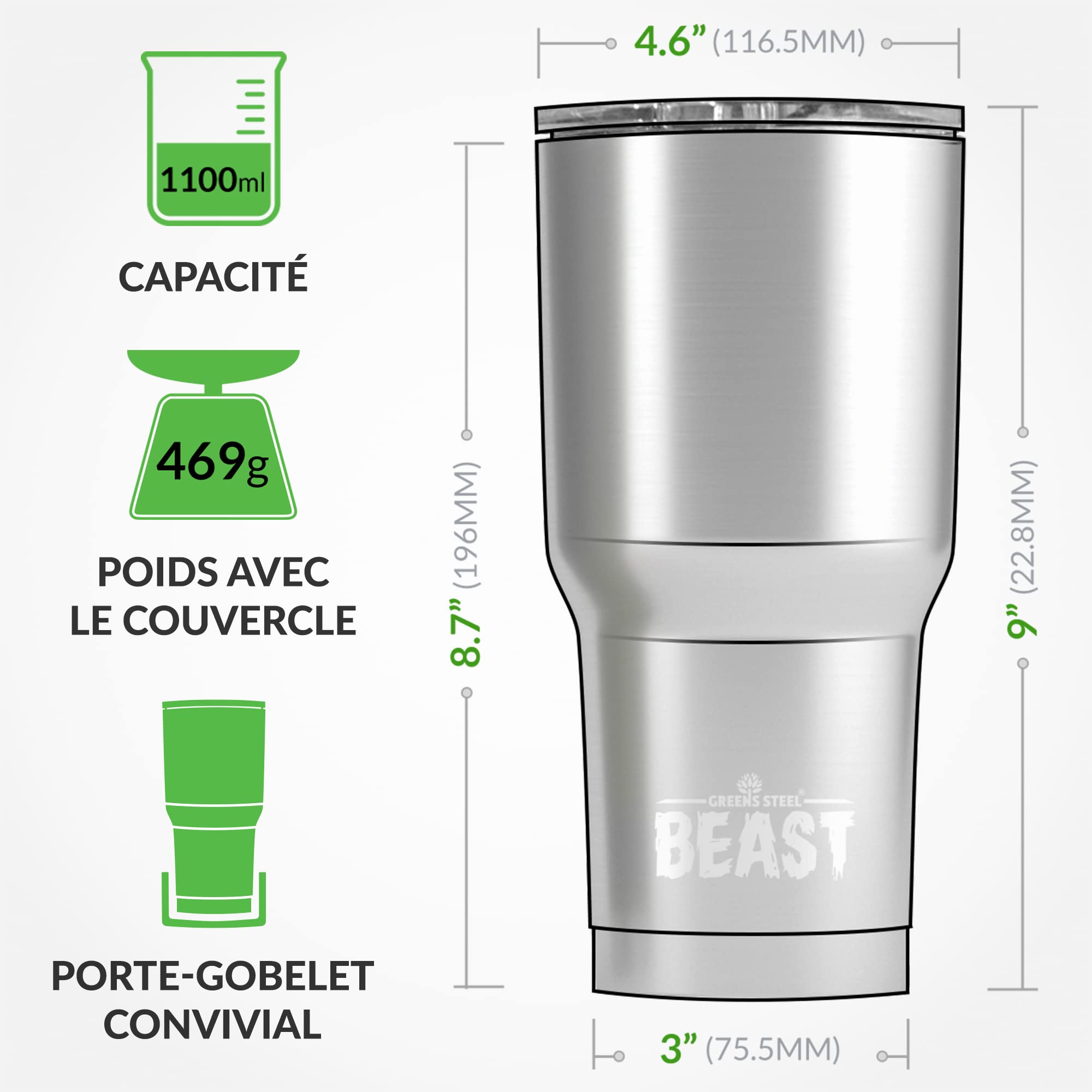 Beast Tumbler – 1050 ml (40 oz), Noir Matt | Gobelet isotherme en acier inoxydable réutilisable | Avec 2 pailles et brosse de nettoyage | Double paroi, idéal pour café chaud ou glacé | Sans BPA - 5
