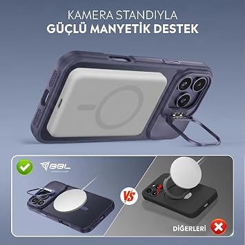 Babilden iPhone 17 Pro İçin Kılıf Kamera Korumalı Magsafe İle Uyumlu Kablosuz Şarj Özellikli Mat Şeffaf Renkli Standlı Lens Hediyeli Telefon Kılıfı (Mor)