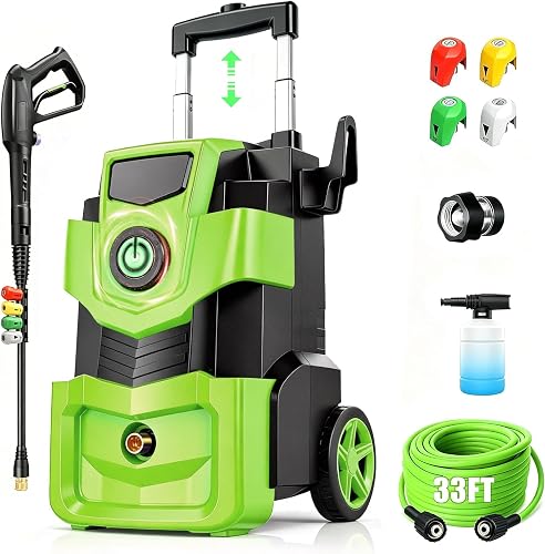 Adjustable Electric Pressure Washer 5000PSI with 33FT Flexible Hose, 4 Nozzles, Foam Cannon, Best Power Washer for Cars, Patios, Driveways, Green