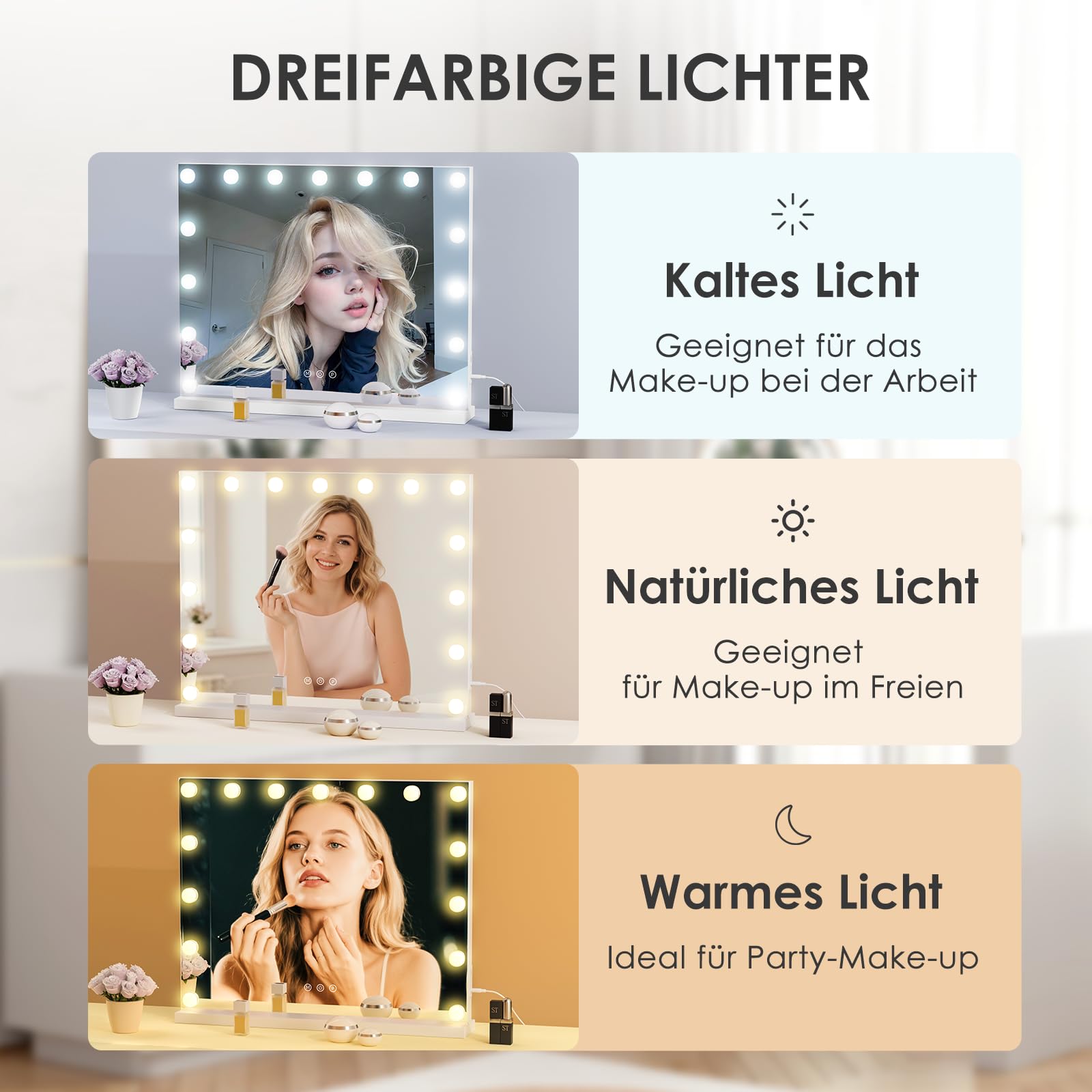 Hollywood Kosmetikspiegel für Make-up mit Lichtern, 58 x 46 cm, Typ-C und USB-Ausgang, 15 dimmbare LED-Leuchtmittel mit hohem CRI, 3 Beleuchtungsmodi, Tisch- und Wandmontage