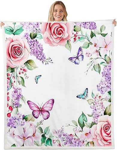 Watercolor Flowers Flannel Blanket,Spring Floral Butterfly Bedroom Living Room Soft Cozy Fleece,Pink Purple Garden Flowers Blankets Decor for Bed