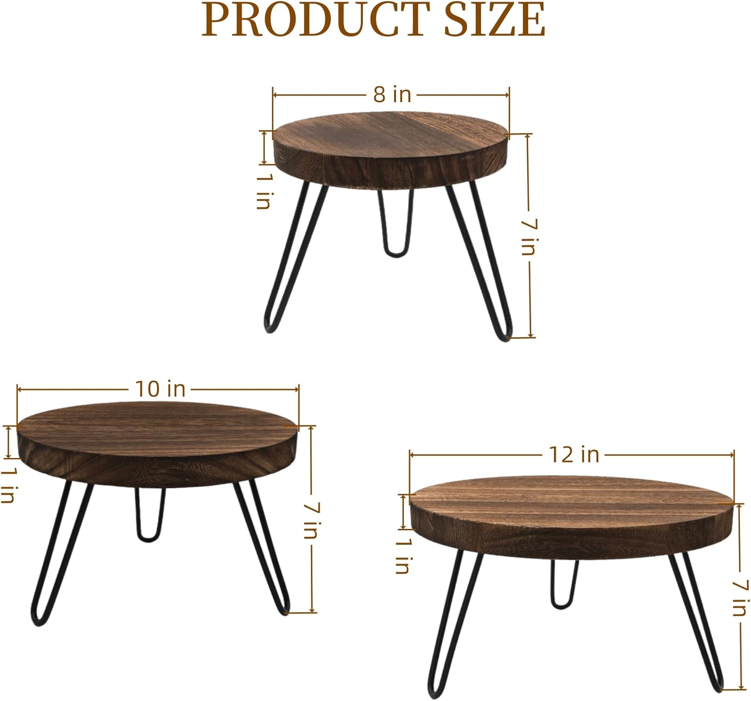 Wooden Cake Stand Set of 3 - 8 10 12 Inch Cake Pedestal with Metal Legs, Wood Dessert Table Display Stand Tiered Cupcake Holder Serving Platter for Wedding Baby Shower Birthday Party Table Decoration