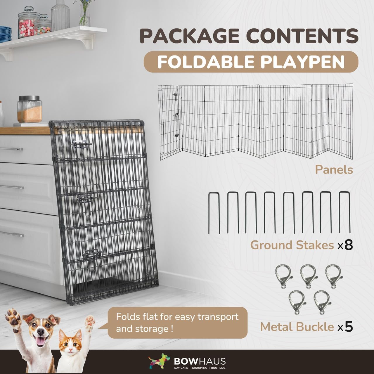 BOWHAUS Foldable Outdoor/Indoor Pet Playpen with Gate, Available in 36 Inch Height Metal Portable Kennel, Heavy-Duty Exercise Fence Cage 8 Panels for Large Dog, Animals