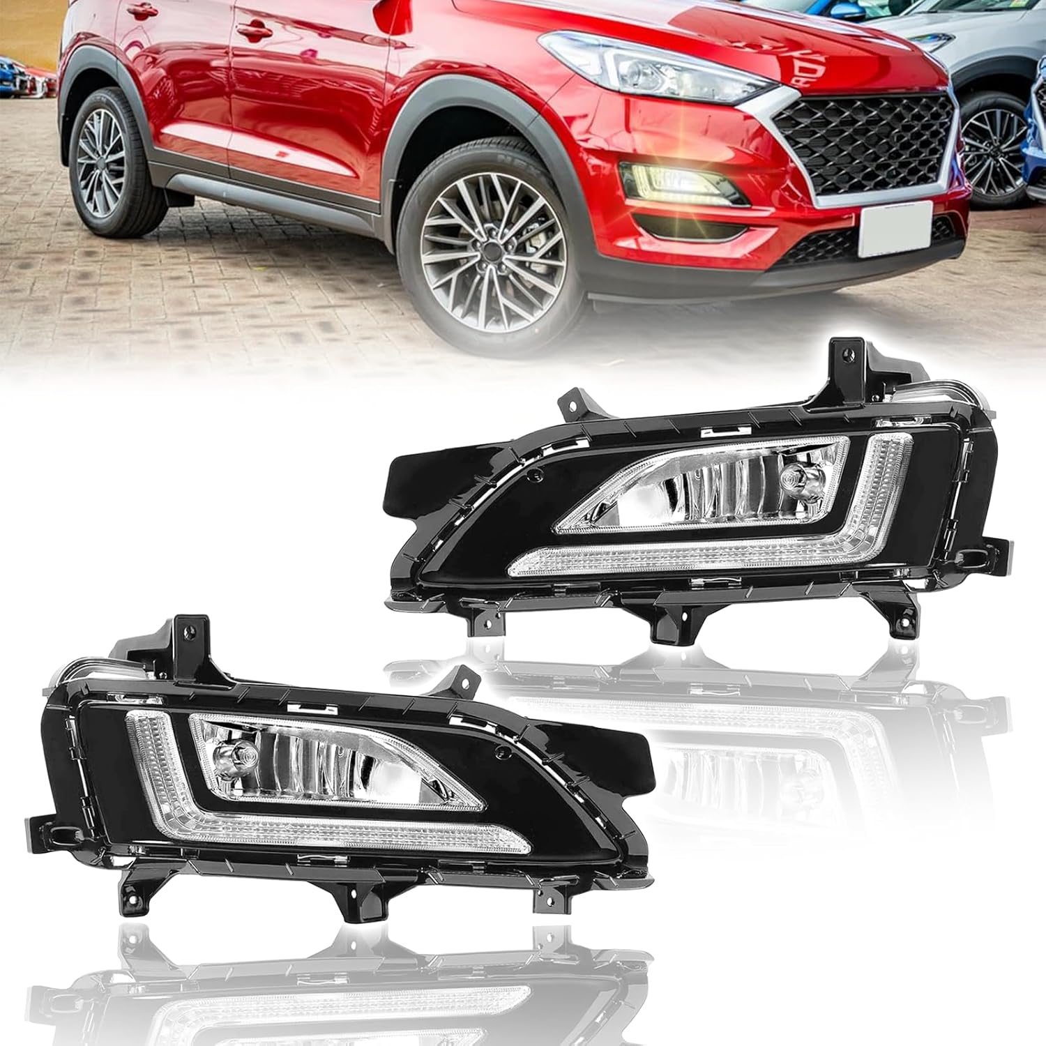 LED DRL Fog Lights & Bezels Set Compatible with 2019 2020 2021 Hyundai Tucson Front Bumper Fog Lights Lamps 92201D3600, 92202D3600, 86525D3530, 86526D3530