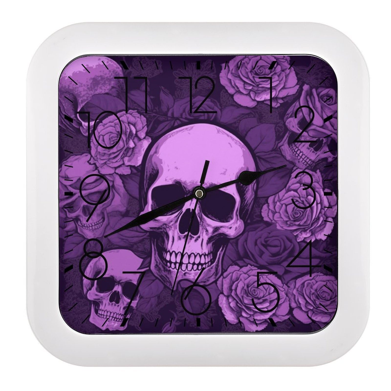 Horloge murale carrée violette crânes et roses 25cm silencieuse pour salon gothique