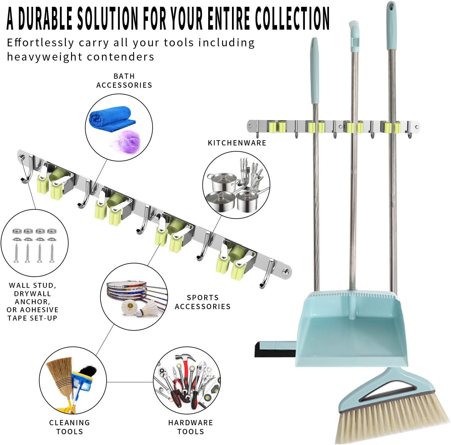 Onе-Dау Sаlе: Uр tо 70% оƒƒ kubvici 2 Pack Broom Mop Holder Wall Mount, Stainless steel garden storage rack, Hanger with 4 Racks 5 Hooks, for Bathroom Garage Organizer and Garden, Screw or Adhesive Mounting kit