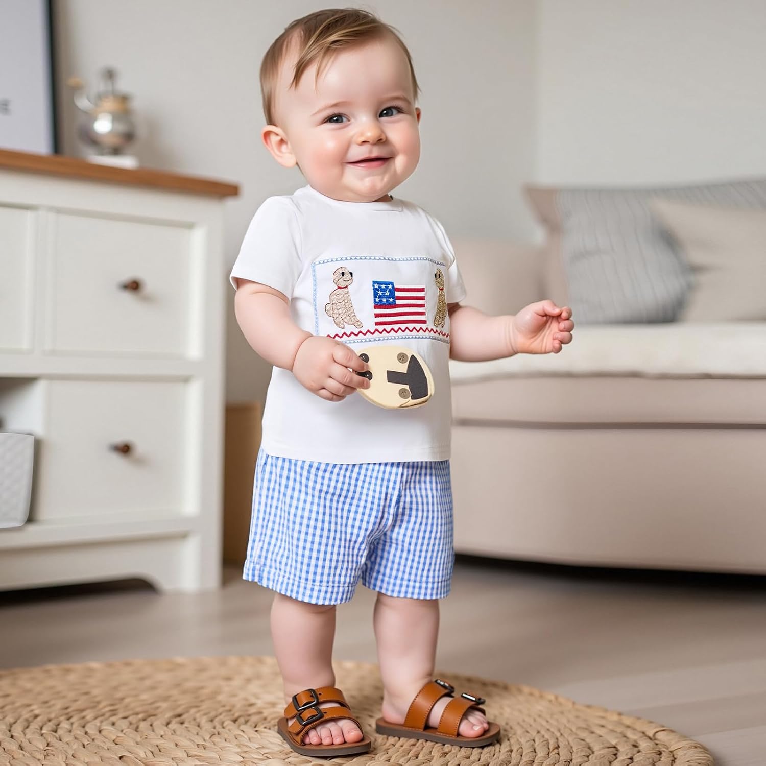 Boys 4th Of July Outfit Short Sleeve Flag Print T-shirt Plaid Shorts Independence Day 4th Of July Outfits For Boys