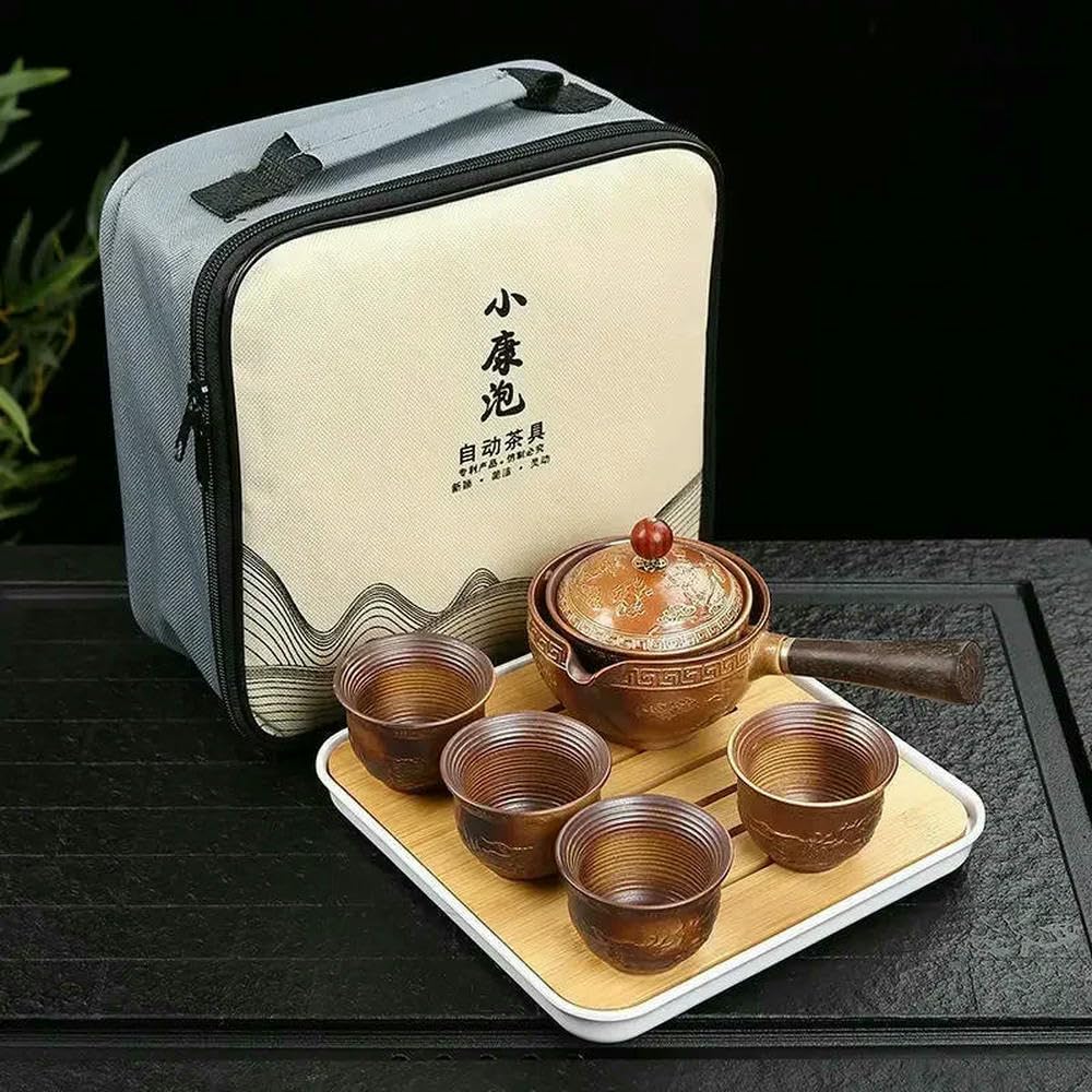 Tragbares Reise-Teeservice, Keramik, Lazy Tea Brewing Tool, kreative drehbare Teekanne, Outdoor-Reisen, Camping, Retro-Kaffeezubehör