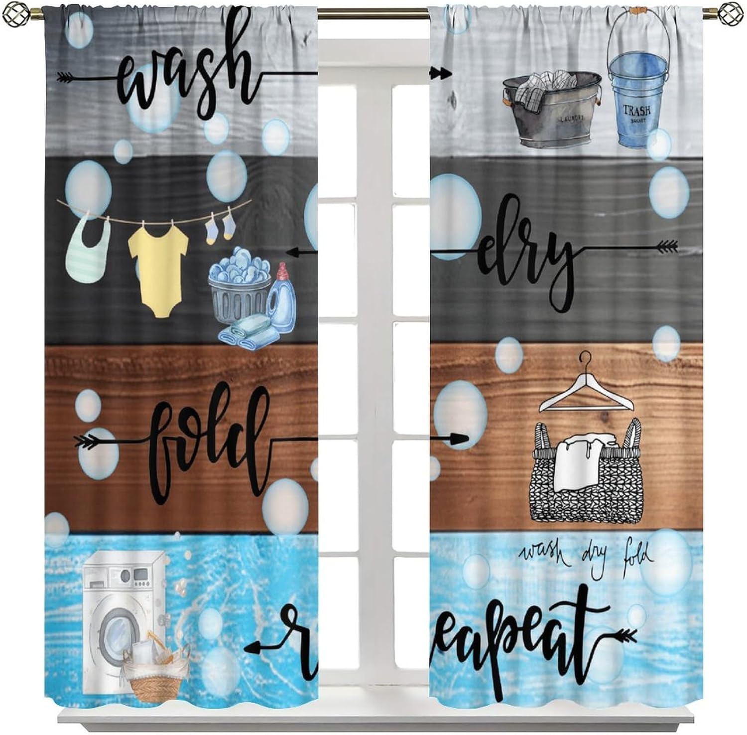 Colored Wooden Boards Laundry Curtains,Rustic Cartoon Watercolor Wash Dry Fold Repeat Decor Rod Pocket Window Treatments for Baby Kids Bedroom Bathroom Farmhouse Hotel Drapes 41" W X 45" L