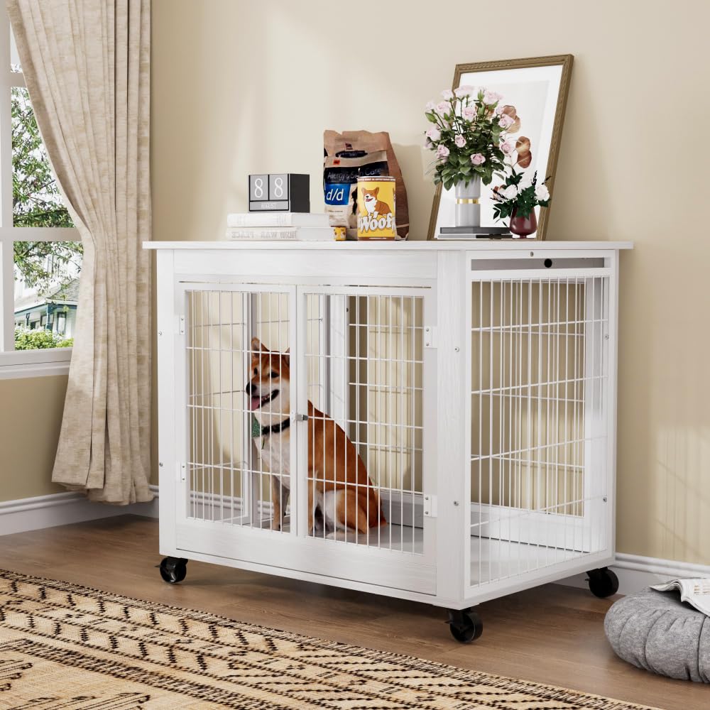 Hundekäfig Möbel mit 3 Türen, Holz Hundebox Indoor auf Rollen, Weiß