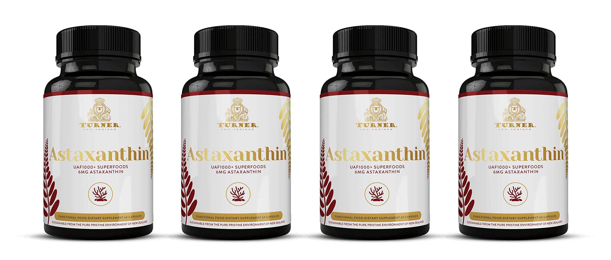 TURNER Astaxanthin 6mg, Made in New Zealand, UAF1000+ , Muscle Recovery, Anti-Aging, Skin, Eye, Nerve, Joint, Cardiovascular, & Immune System Support Antioxidant Supplement, 4 Pack, 240 Count