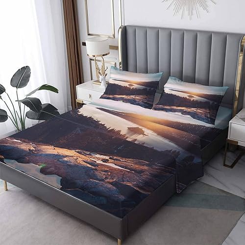 Sunrise Sheets Queen Size - Sábanas de cama de paisaje natural, sábanas y fundas de almohada estampadas de 4 piezas, sábana bajera ajustable de