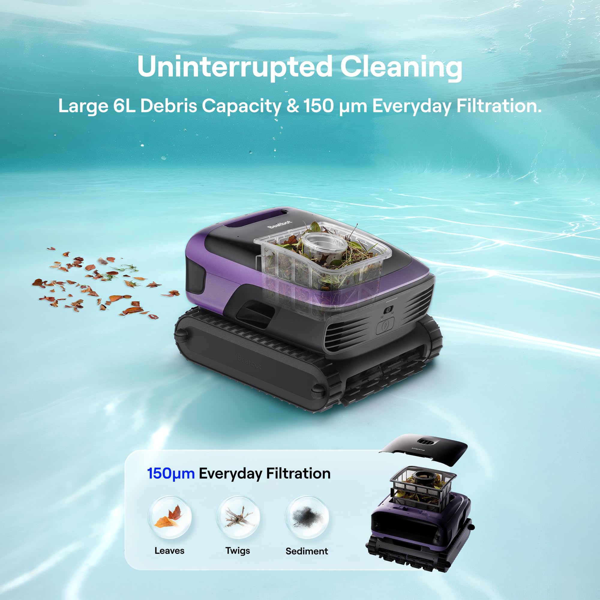 (2026 New) Beatbot Sora 70 Pool Vacuum Robot, 360° Top-to-Bottom Cleaning, Smart Surface Parking, 6L Capacity, 6800GPH Super Power for Above & In-Ground Pools Up to 3,200 sq. ft, Lilac — view 9