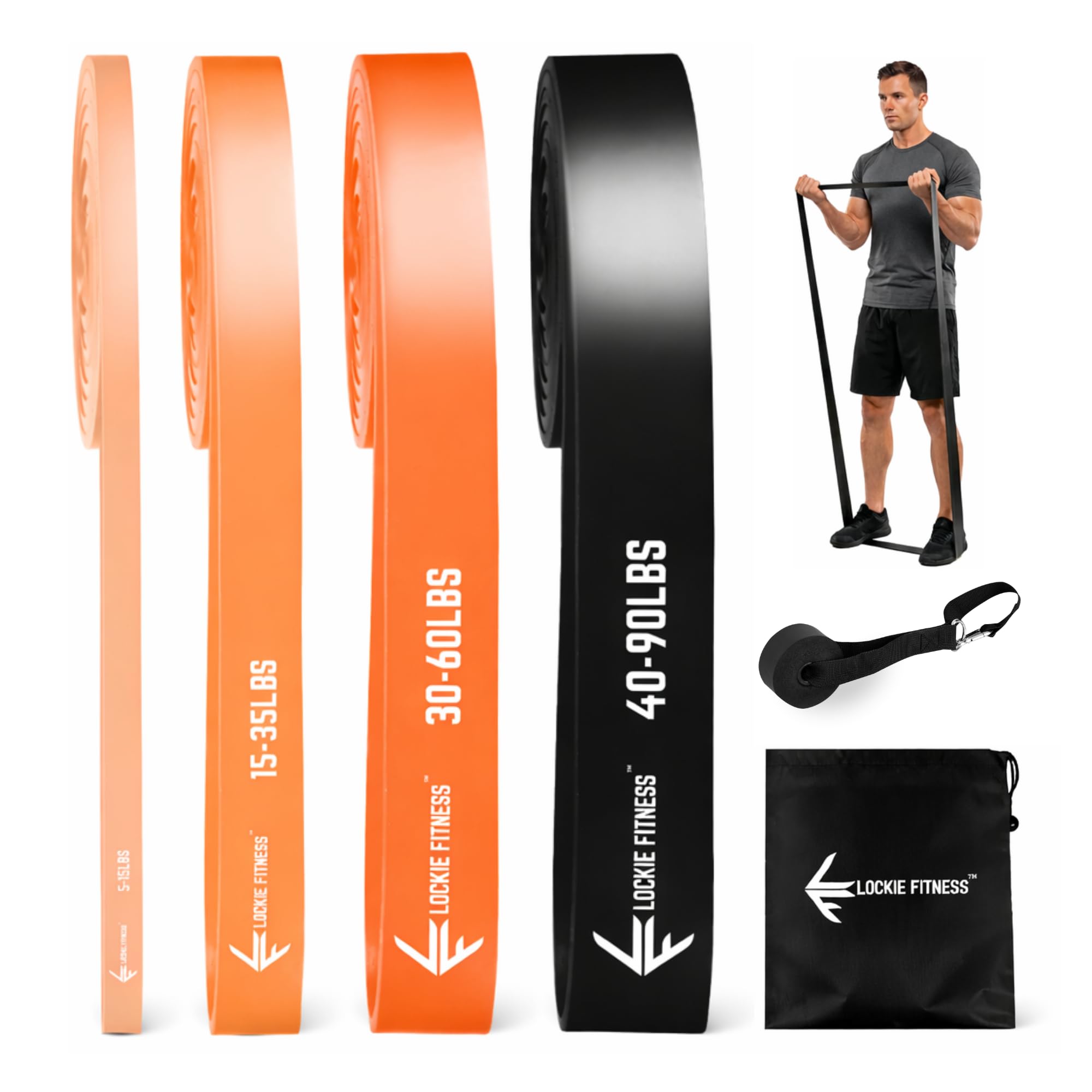 Lockie Fitness Resistance Bands for Pull Up Training, Strength Training and Stretching, Long TPE Exercise Loops, Home Gym Set with Door Anchor and Carry Bag (Pack of 4)