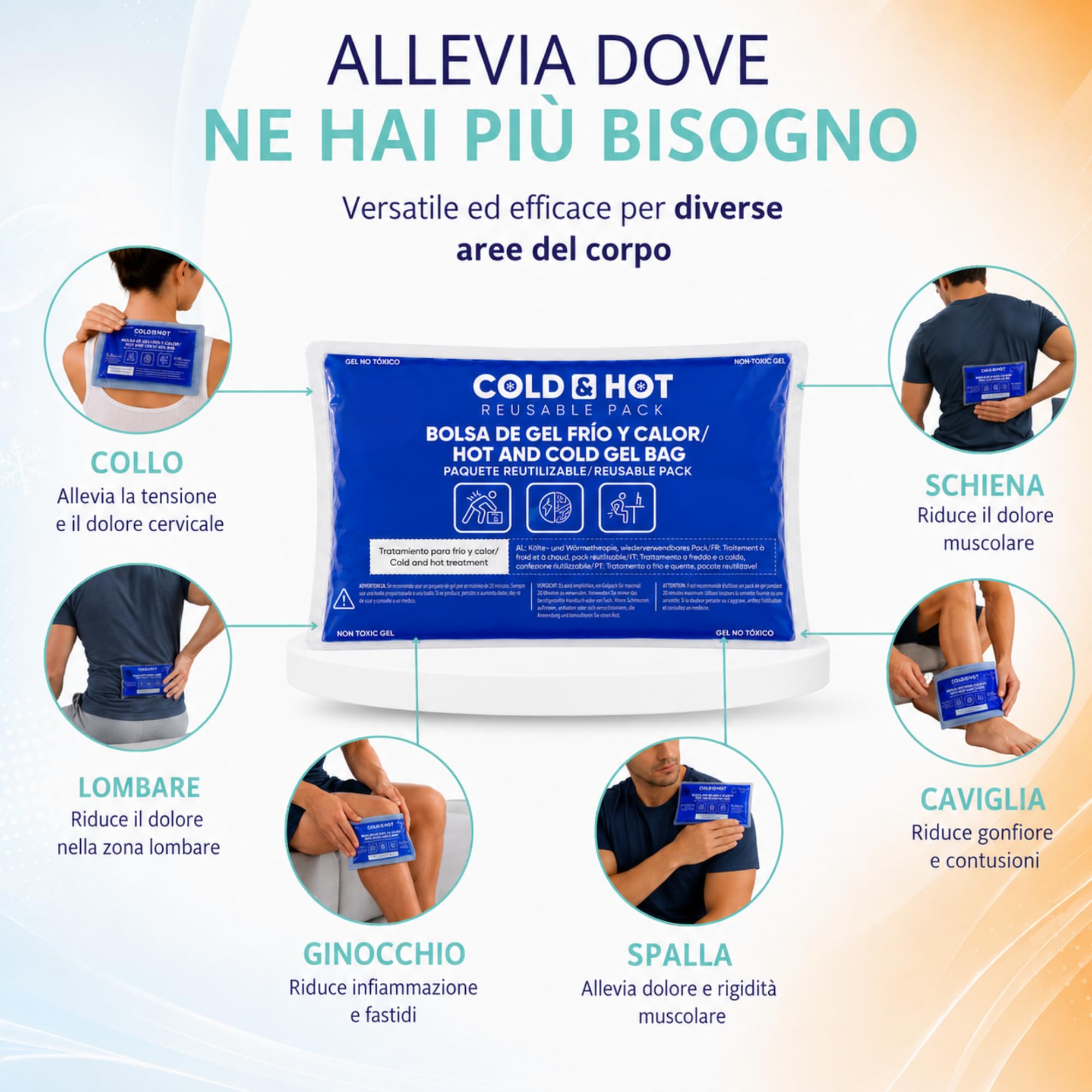 Ghiaccio Gel Riutilizzabile (26 x 15 cm) - Compressa fredda calda - Multifunzione - Ideale per Terapie, Dolori Muscolari, Febbre e Lesioni Sportive - Adatta per Frigorifero e Microonde.