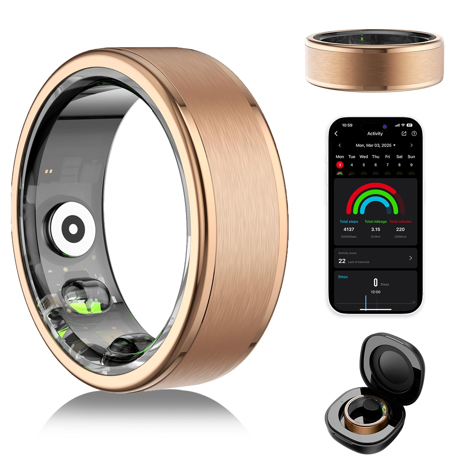 Domhong Smart Ring for Women Men - Fitness Tracker with Heart Rate Blood Oxygen Stress Monitor Steps Sleep