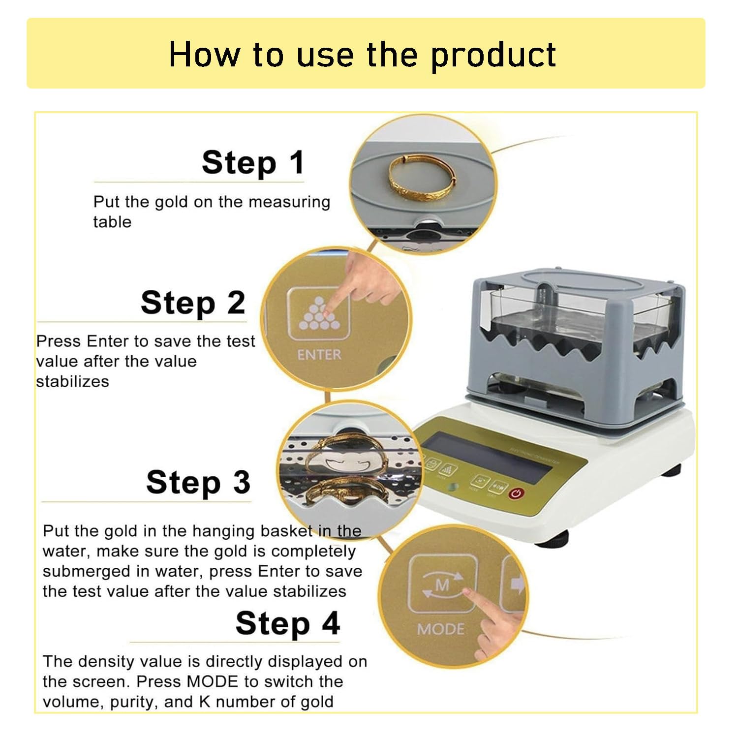 Tester di purezza dell'oro non distruttivo per metalli preziosi, analizzatore di densità con display LCD, kit include scala e filo, tester portatile per gioielli, controllo carati