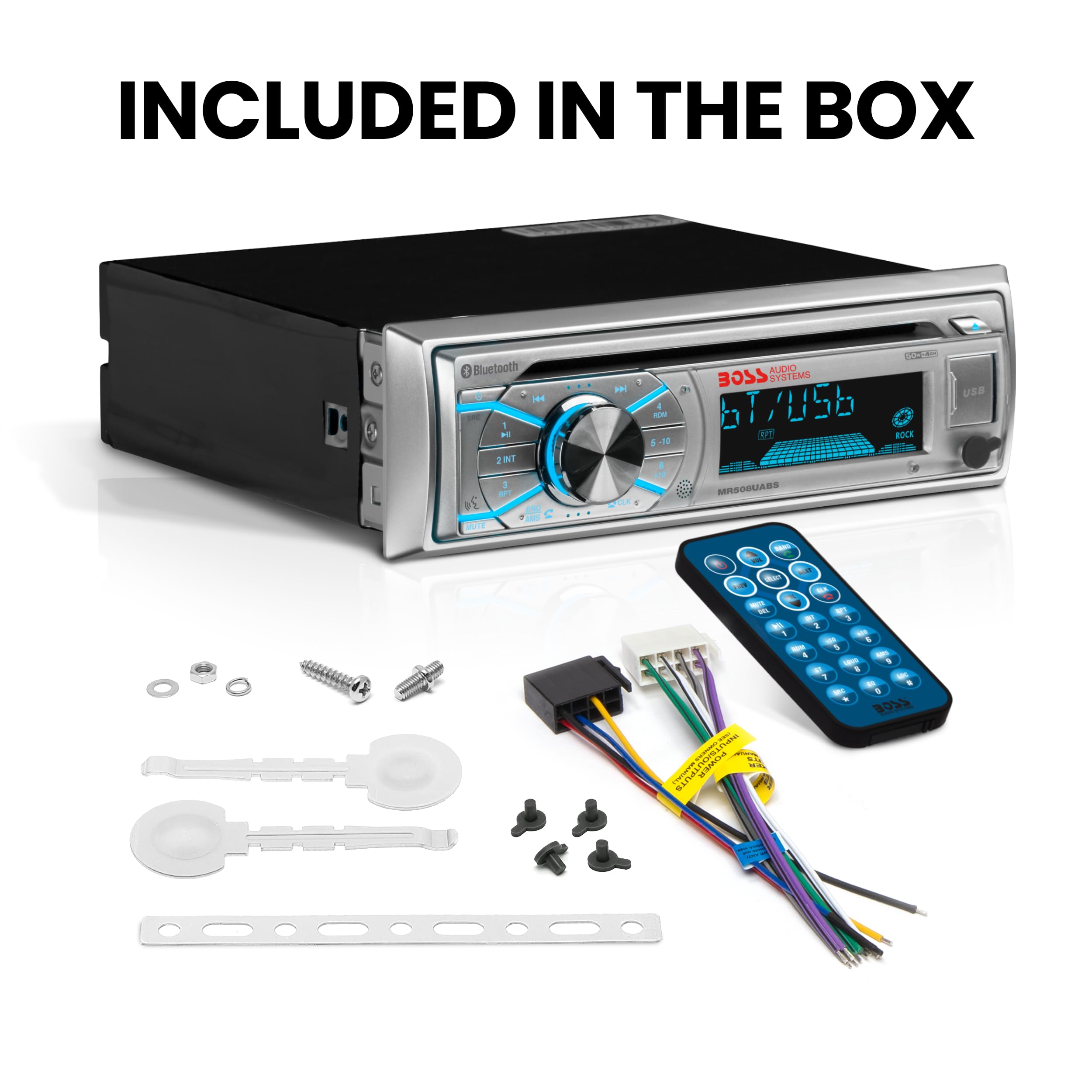 BOSS Audio Systems MR500UABS Marine Boat Stereo – Single Din, Bluetooth, odtwarzacz CD DVD, odbiornik radiowy AM/FM, USB