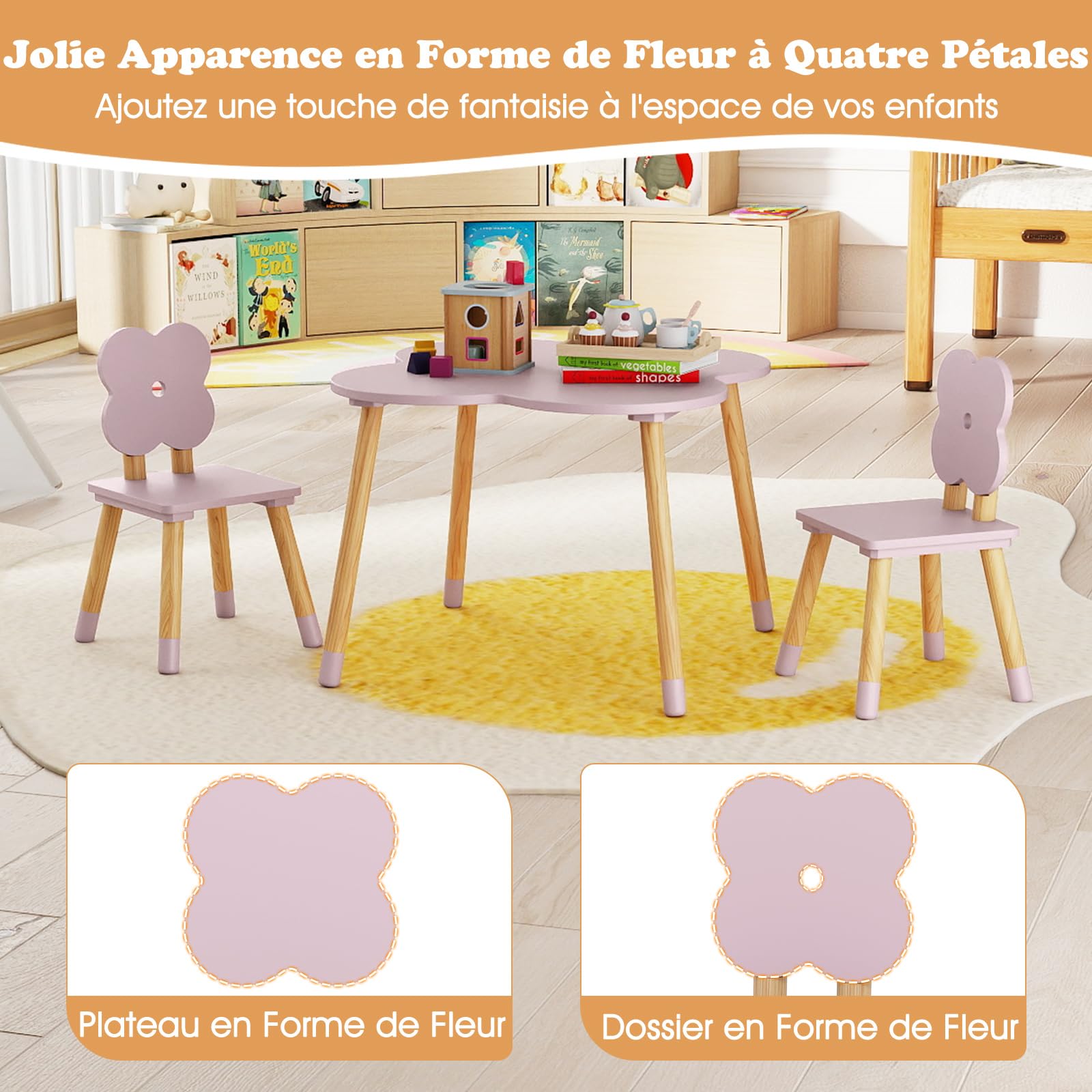 COSTWAY Table Enfant avec Chaise en Forme Fleur, Table et 2 Chaises Enfant avec Pieds en Bois de Pin, Petit Bureau pour Jouer Manger Dessiner, Charge 18/23kg pour Fille et Garçon de 3 Ans+ (Rose)