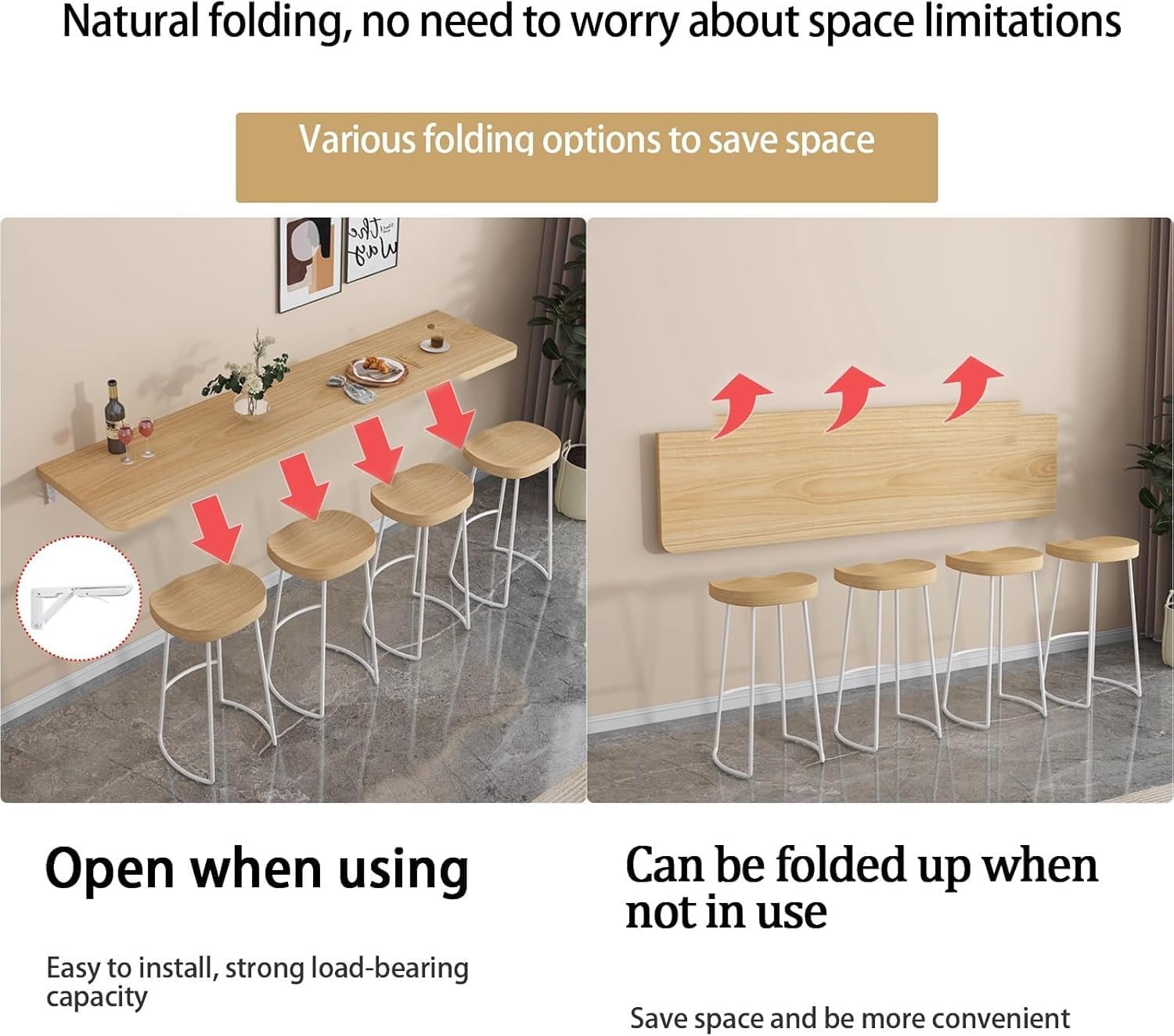 Collapsible Wall-Mounted Desk Space-Saving Foldable Table for Laptop Breakfast Bar Floating Workbench for Study Dining Balcony Kitchen 100×30CM