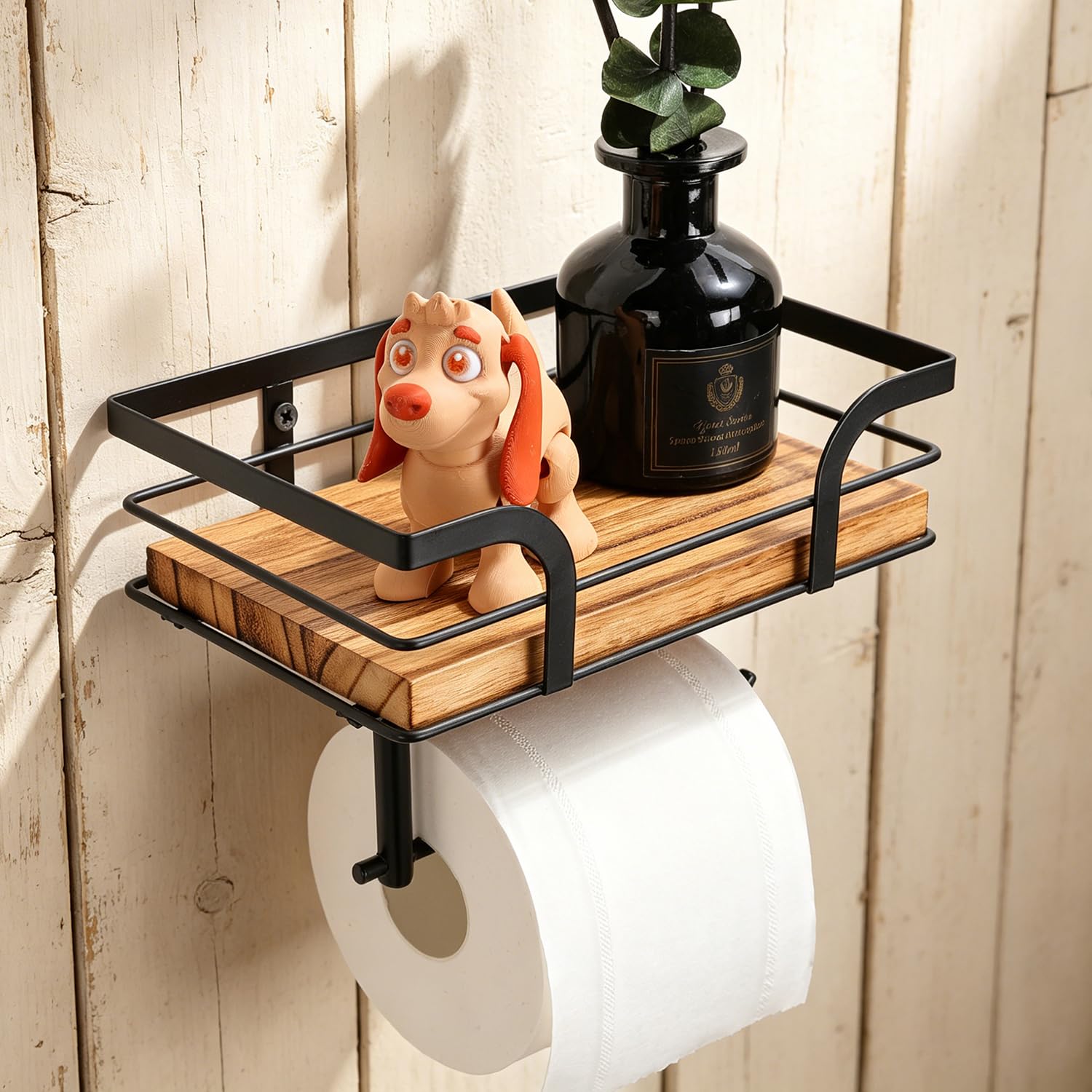 Rustic Toilet Paper Holder with Shelf, Wall Mounted — Amazon image 4
