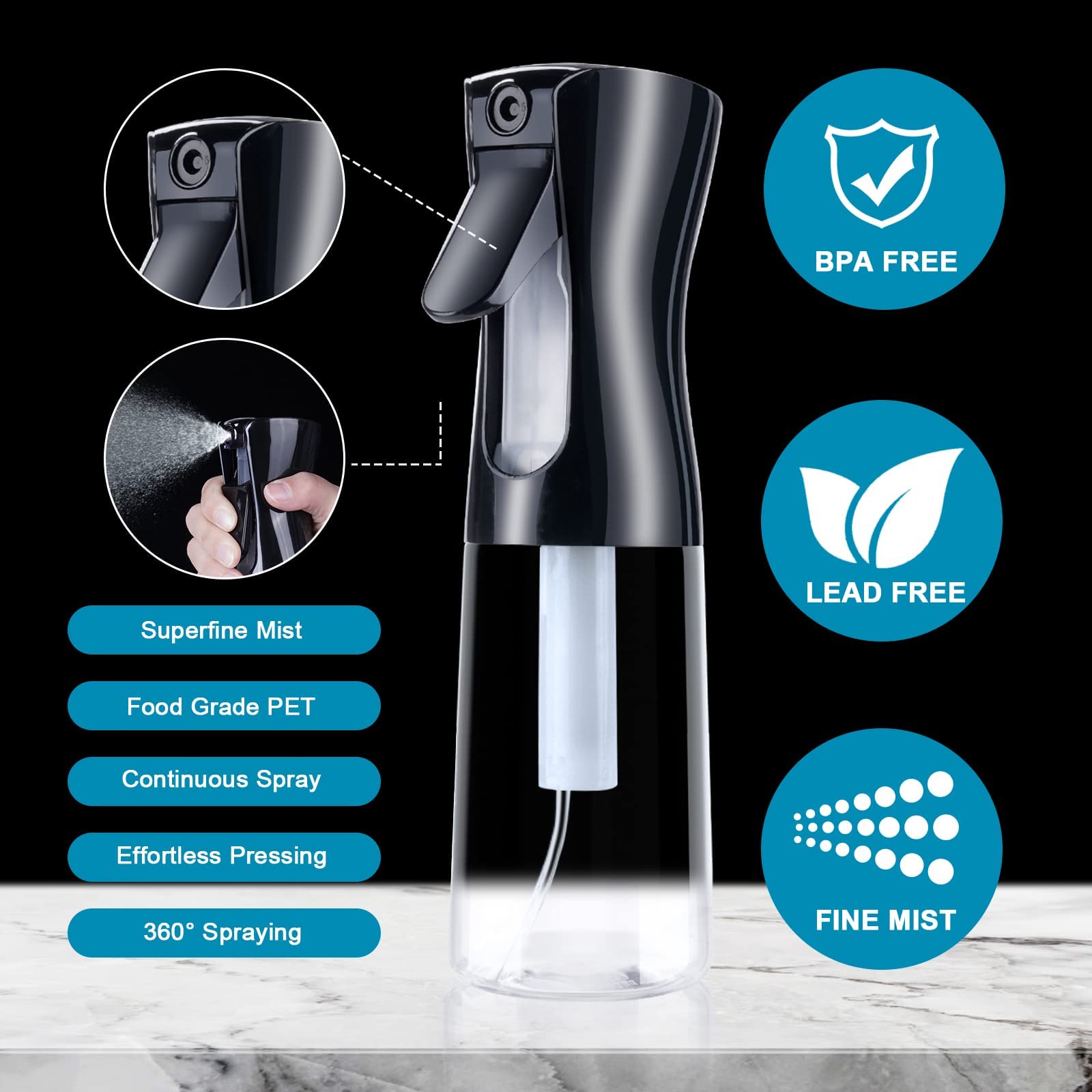 URAQT Bottigliette Spray, 200ML Spruzzino Nebulizzatore, Flacone Spray per Acqua Continua Vuoto Flacone Spray per Capelli per Acconciature, Piante, Animali Domestici, Pulizia (Copertina Nero)